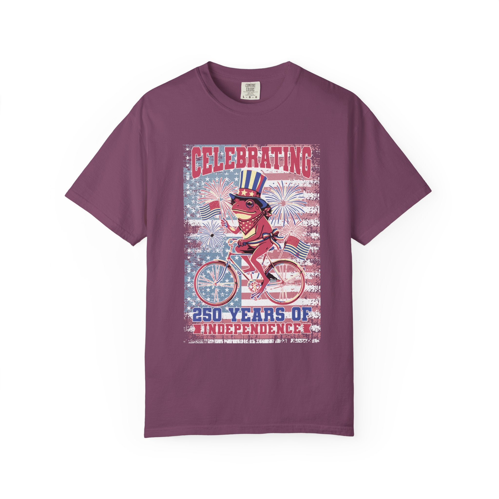 Textured Independence Day Dog on Bike T-Shirt — "Celebrating 250 Years of Independence" Patriotic Tee