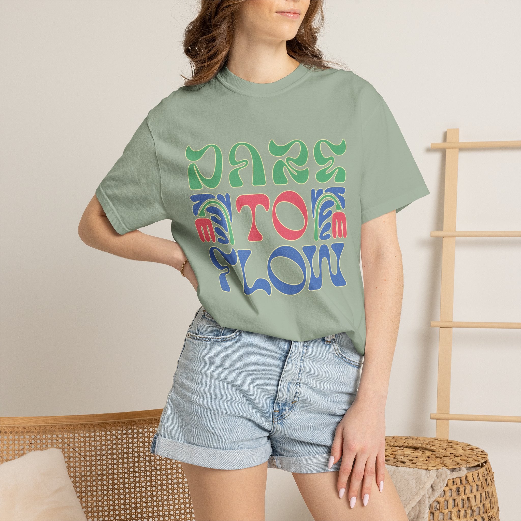 Textured Dare To Flow T-Shirt | Textured Retro Groovy Typography, Colorful Wave Design