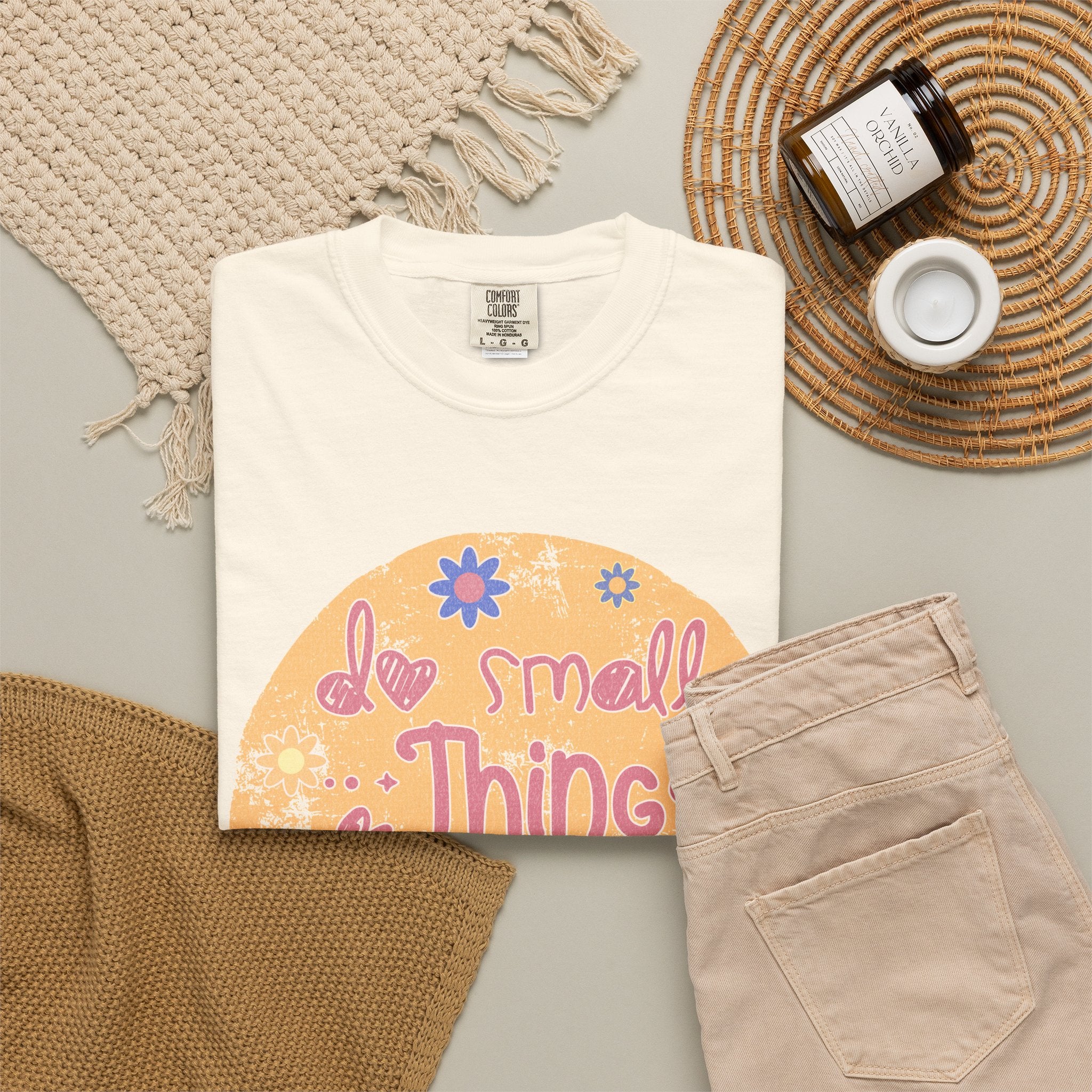 Textured Inspirational Tee — "Do Small Things With Great Love" Floral Graphic