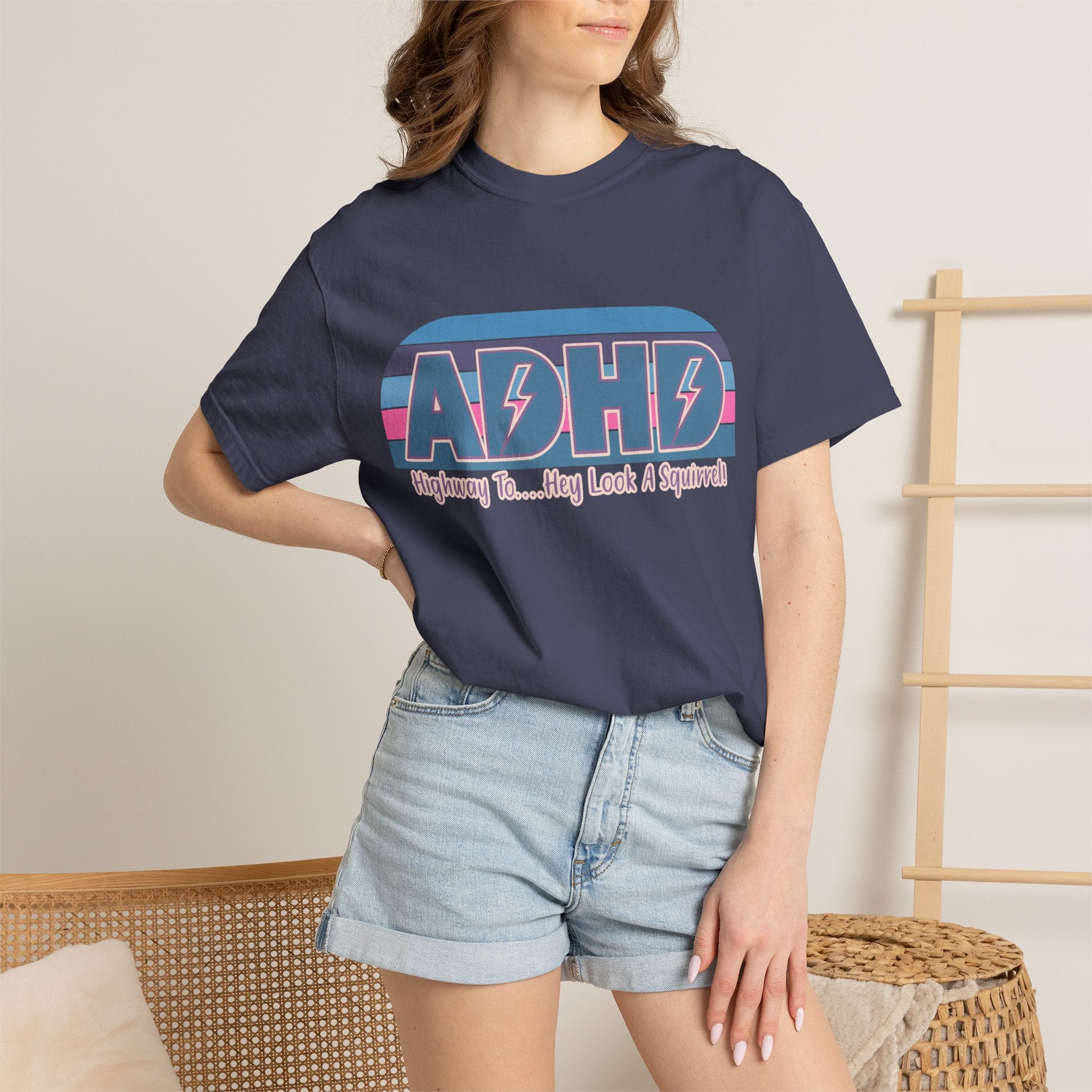 ADHD Retro Stripe T-Shirt — “Highway To… Hey Look A Squirrel!” Funny Neurodivergent Tee