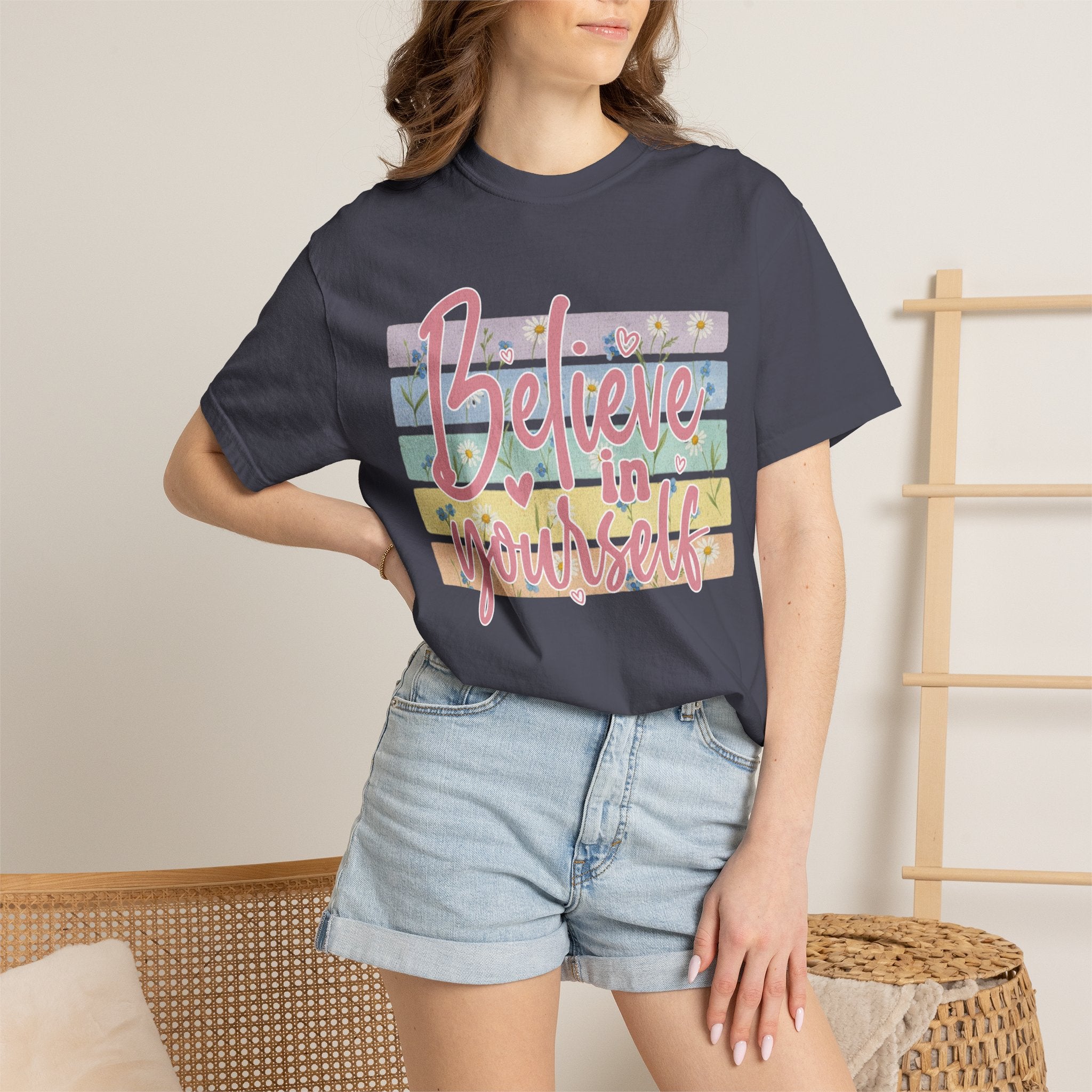 Textured Believe in Yourself T-Shirt — Pastel Floral Inspirational Tee