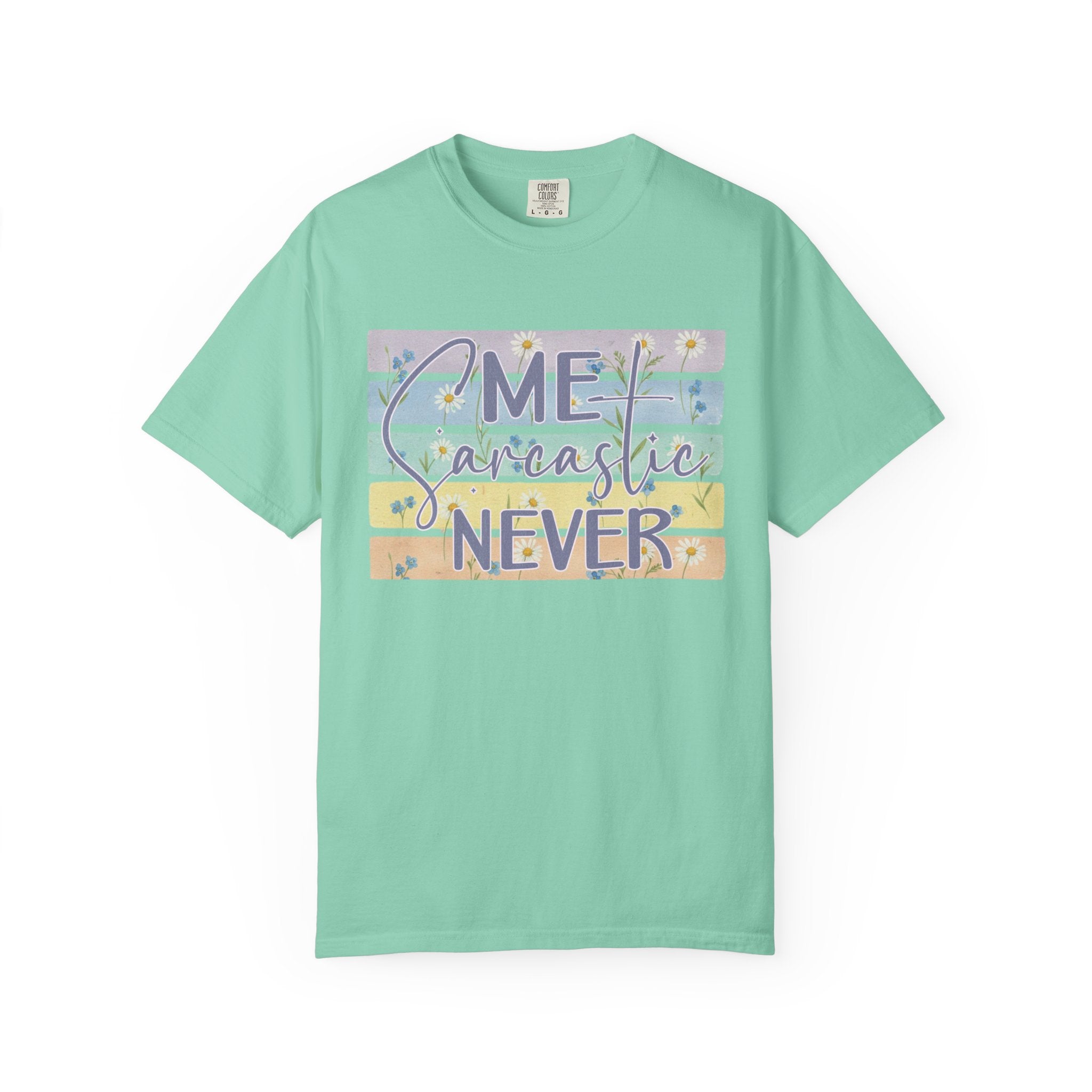 Textured Sarcastic Never T-Shirt — Pastel Striped 'Me? Sarcastic? Never' Graphic Tee