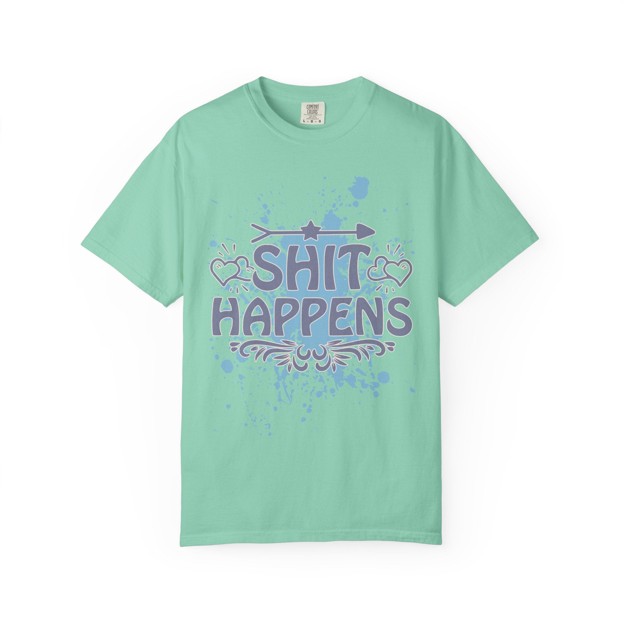 Shit Happens Graphic T-Shirt — Casual Humorous Tee with Splatter Design