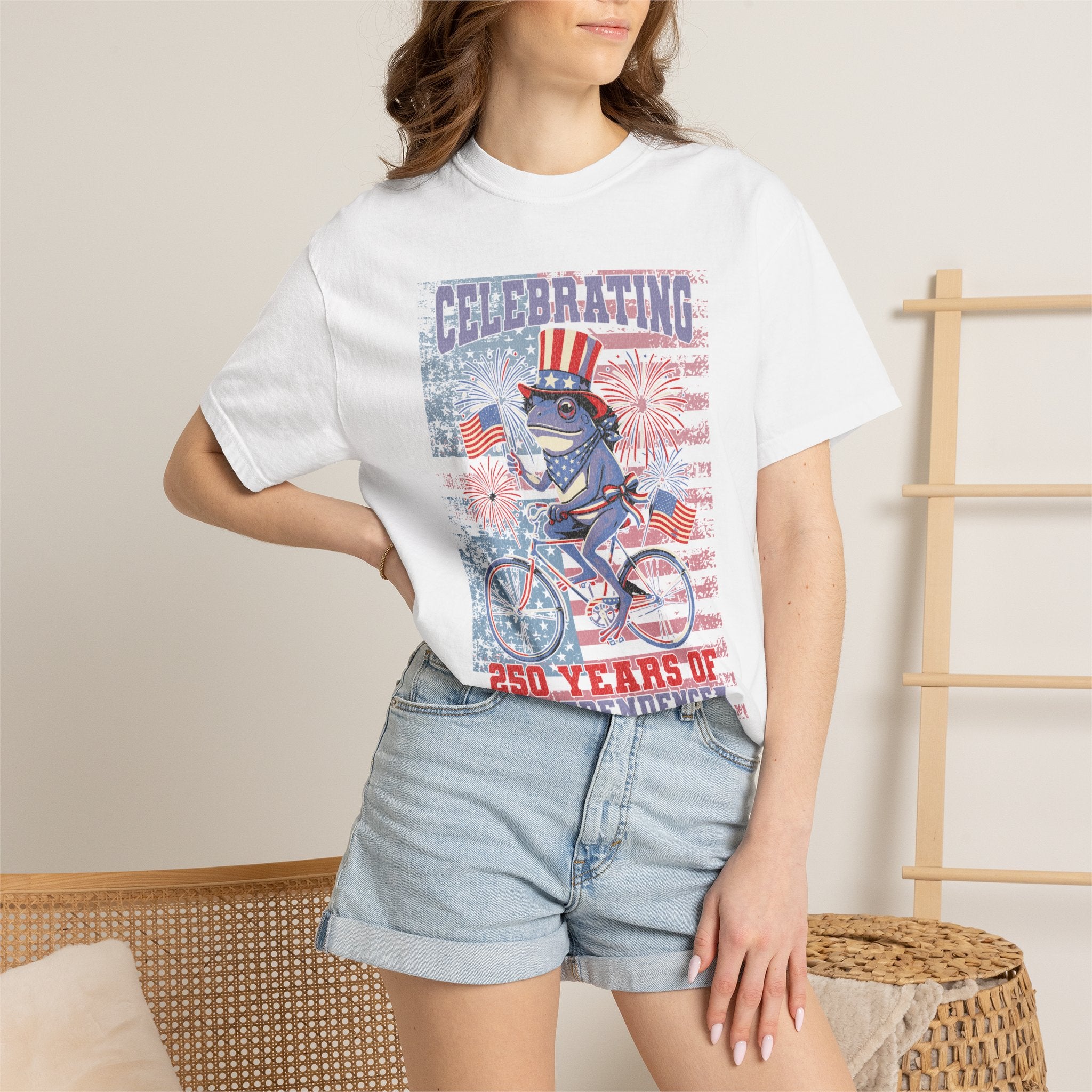 Textured Independence Day Patriotic T-Shirt — "Celebrating 250 Years of Independence" Bicycle Uncle Sam Design