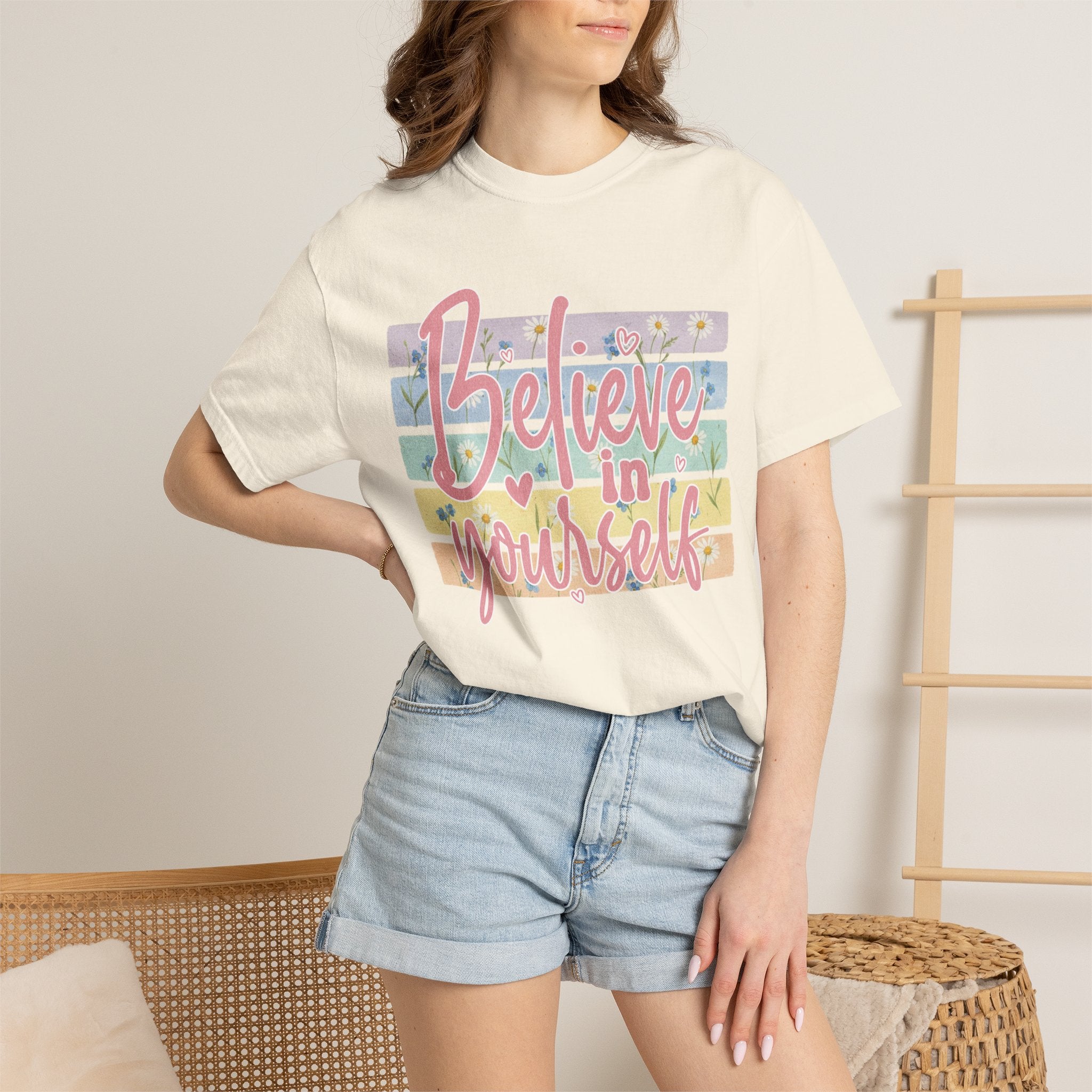 Textured Believe in Yourself T-Shirt — Pastel Floral Inspirational Tee
