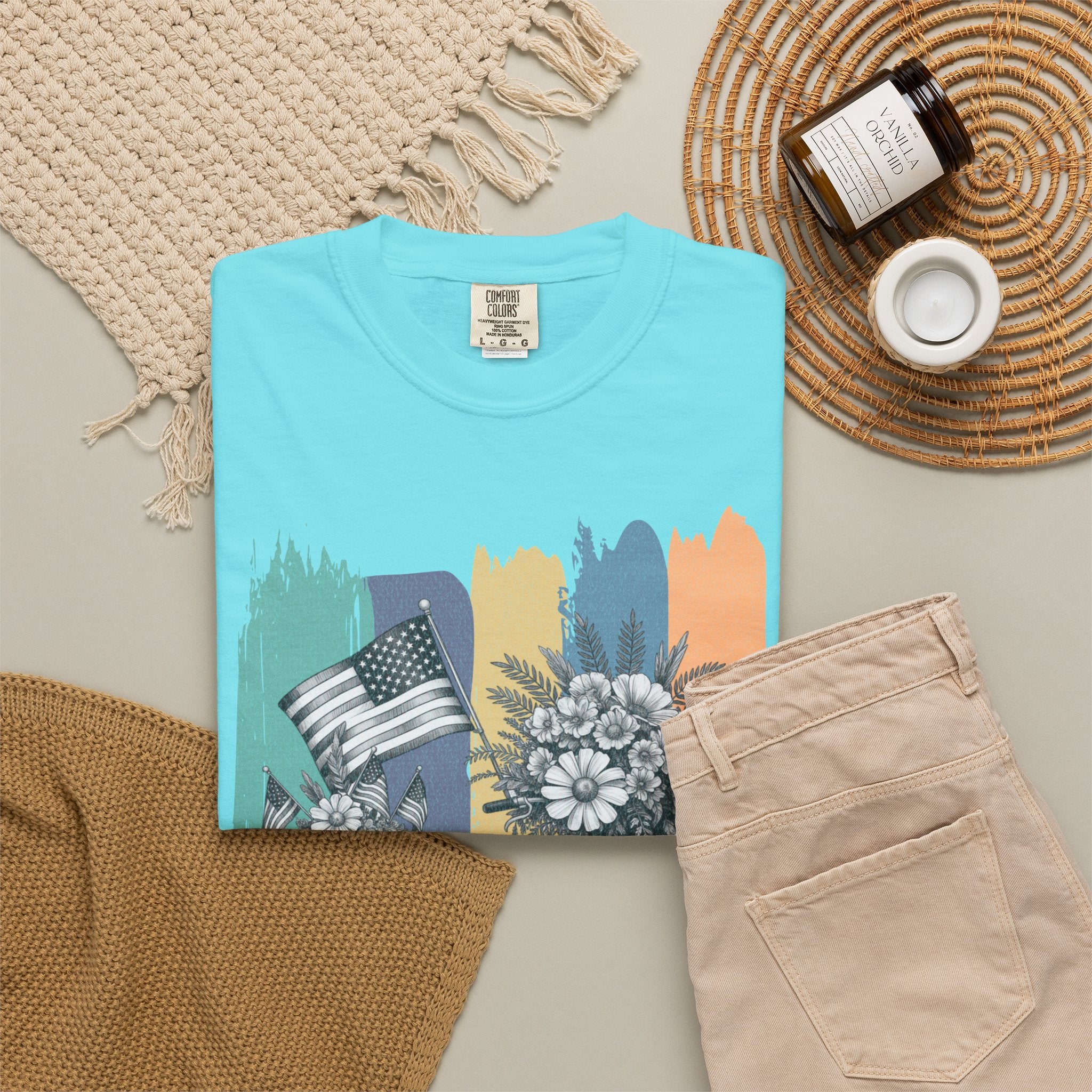 Textured Vintage Bicycle T-Shirt — Floral Basket & American Flag Graphic