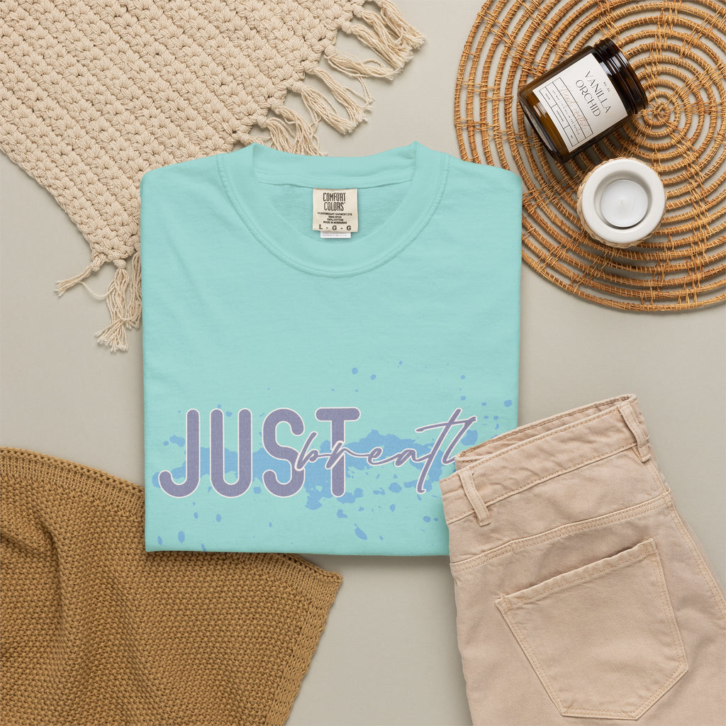 Just Breathe Textured T-Shirt — Relaxed Watercolor Script Tee