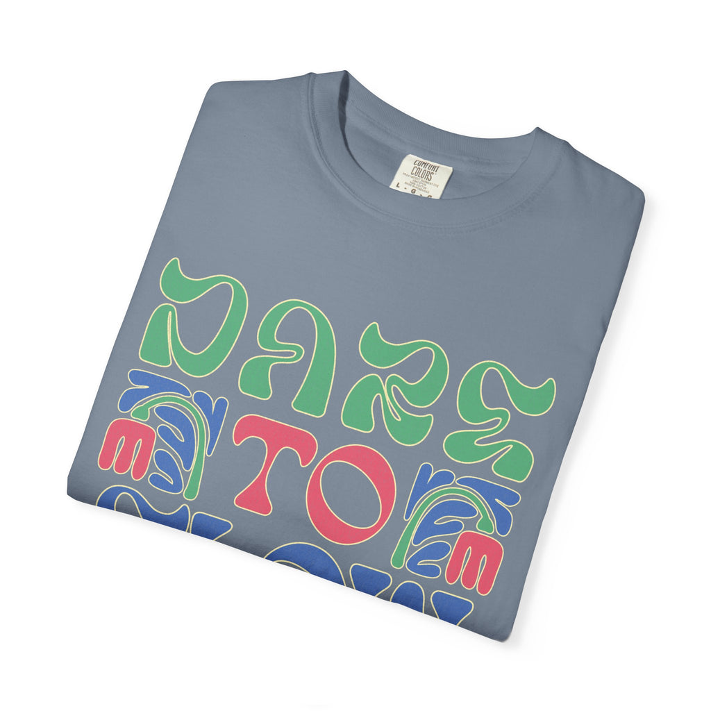 Dare To Flow T-Shirt | Textured Retro Groovy Typography, Colorful Wave Design
