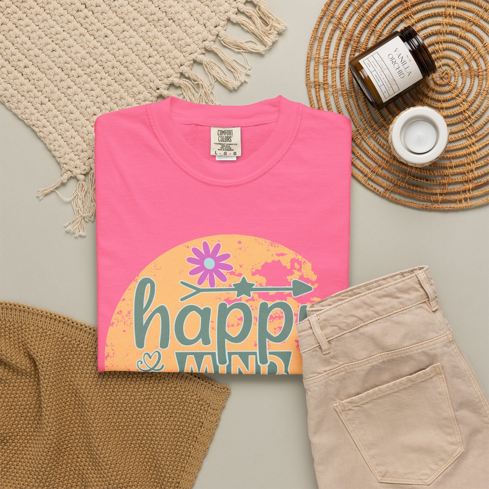 Happy Mind Happy Life Textured T-Shirt — Positive Vibes Floral Graphic Tee