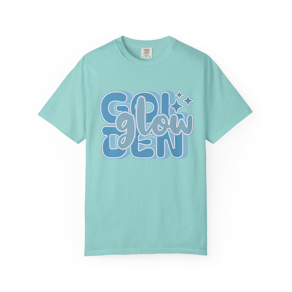 Golden Glow Textured  T‑Shirt — Retro Blue Script Graphic Tee