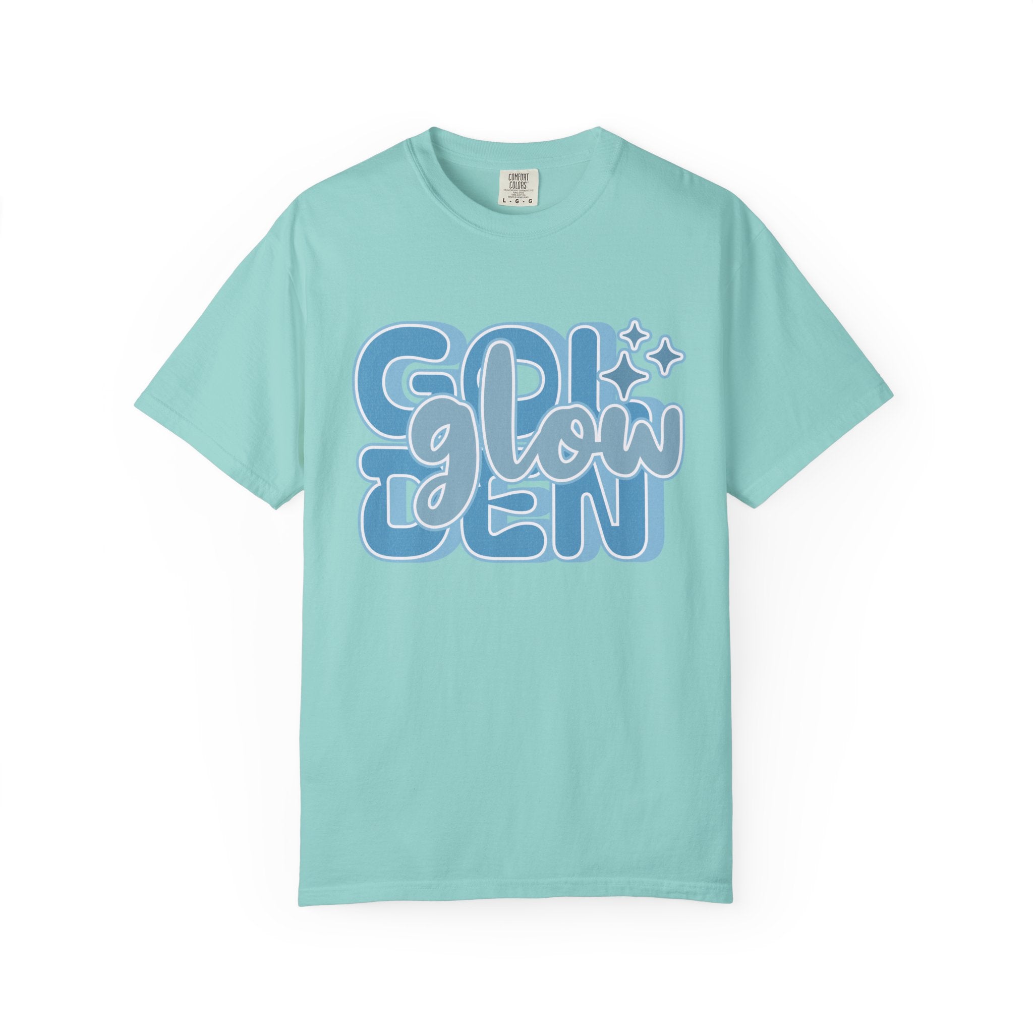 Golden Glow Textured  T‑Shirt — Retro Blue Script Graphic Tee