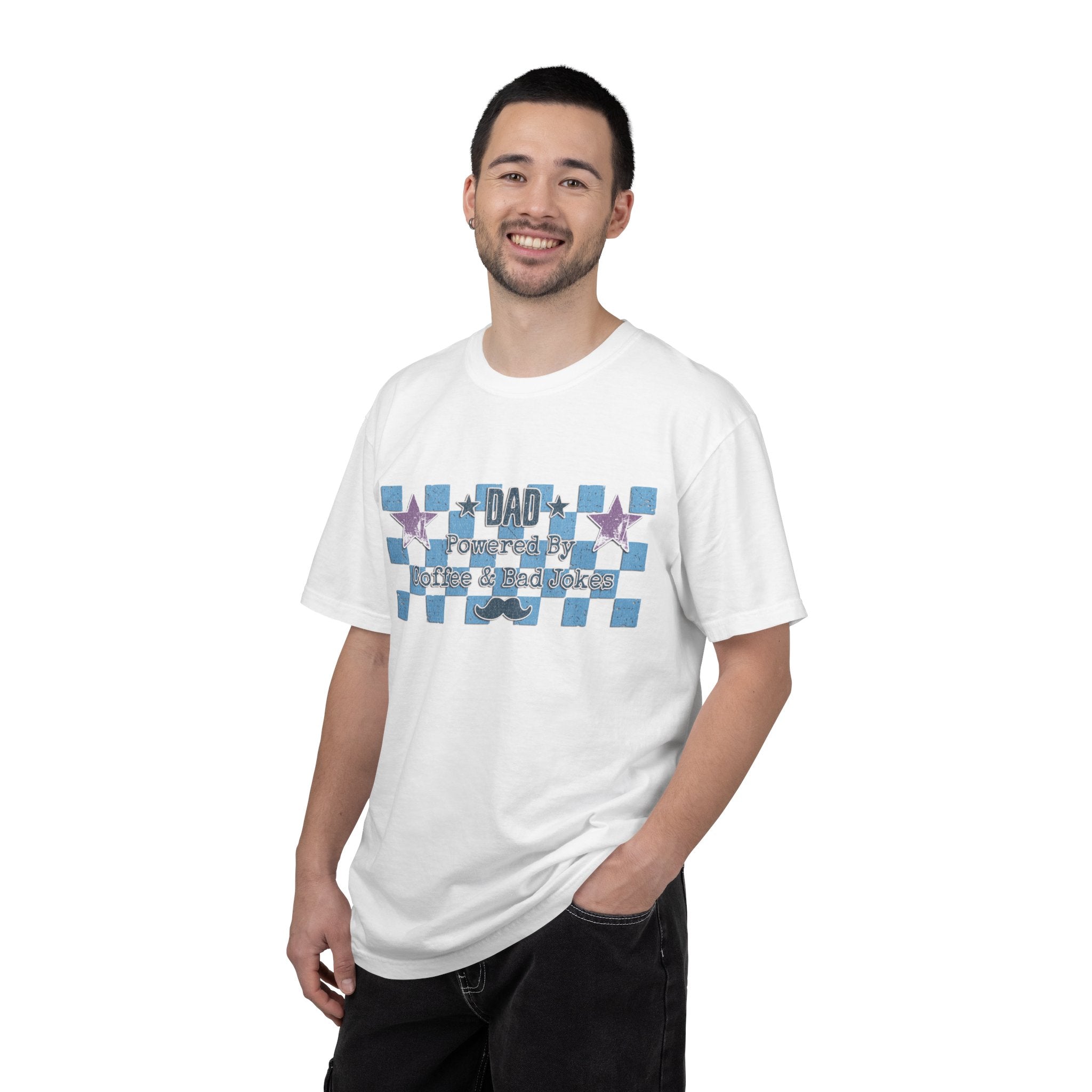 Textured Dad Powered By Coffee & Chaos T-Shirt — Retro Checkered Father's Day Tee