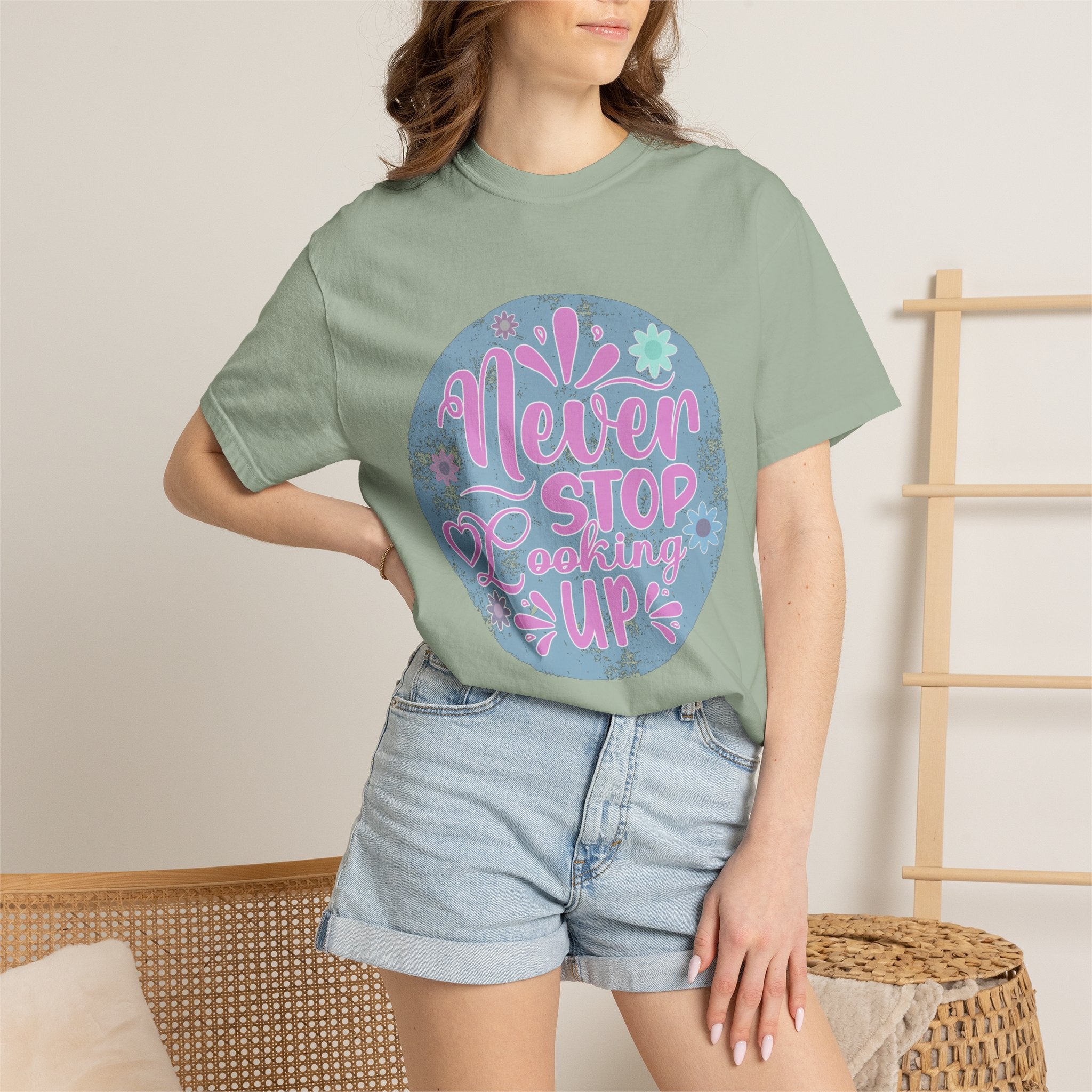 Textured T-Shirt — "Never Stop Looking Up" Inspirational Graphic Tee