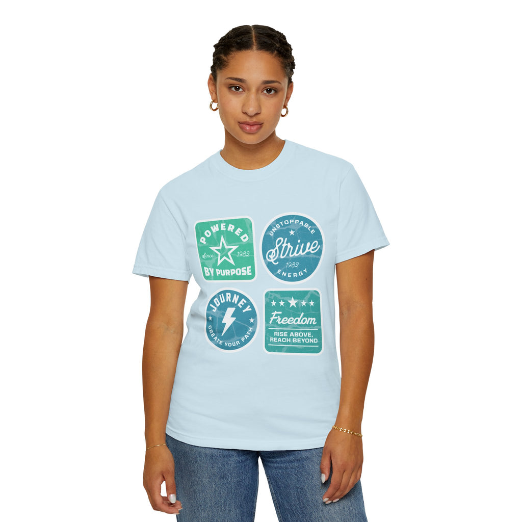 Motivational Badge Graphic Textured T-Shirt — "Powered by Purpose, Strive, Journey, Freedom"