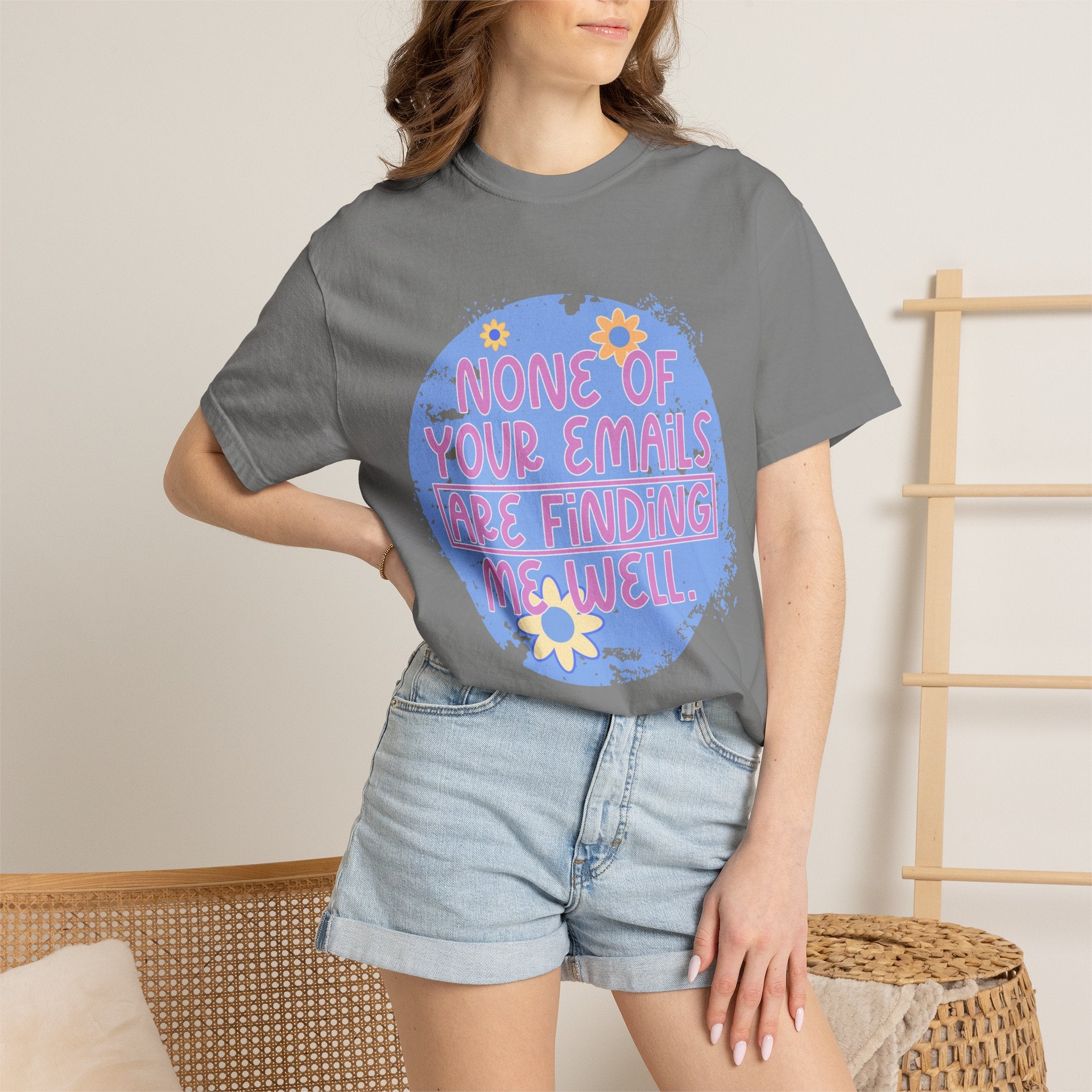 Textured T-Shirt — "None Of Your Emails Are Finding Me" Retro Floral Graphic Tee