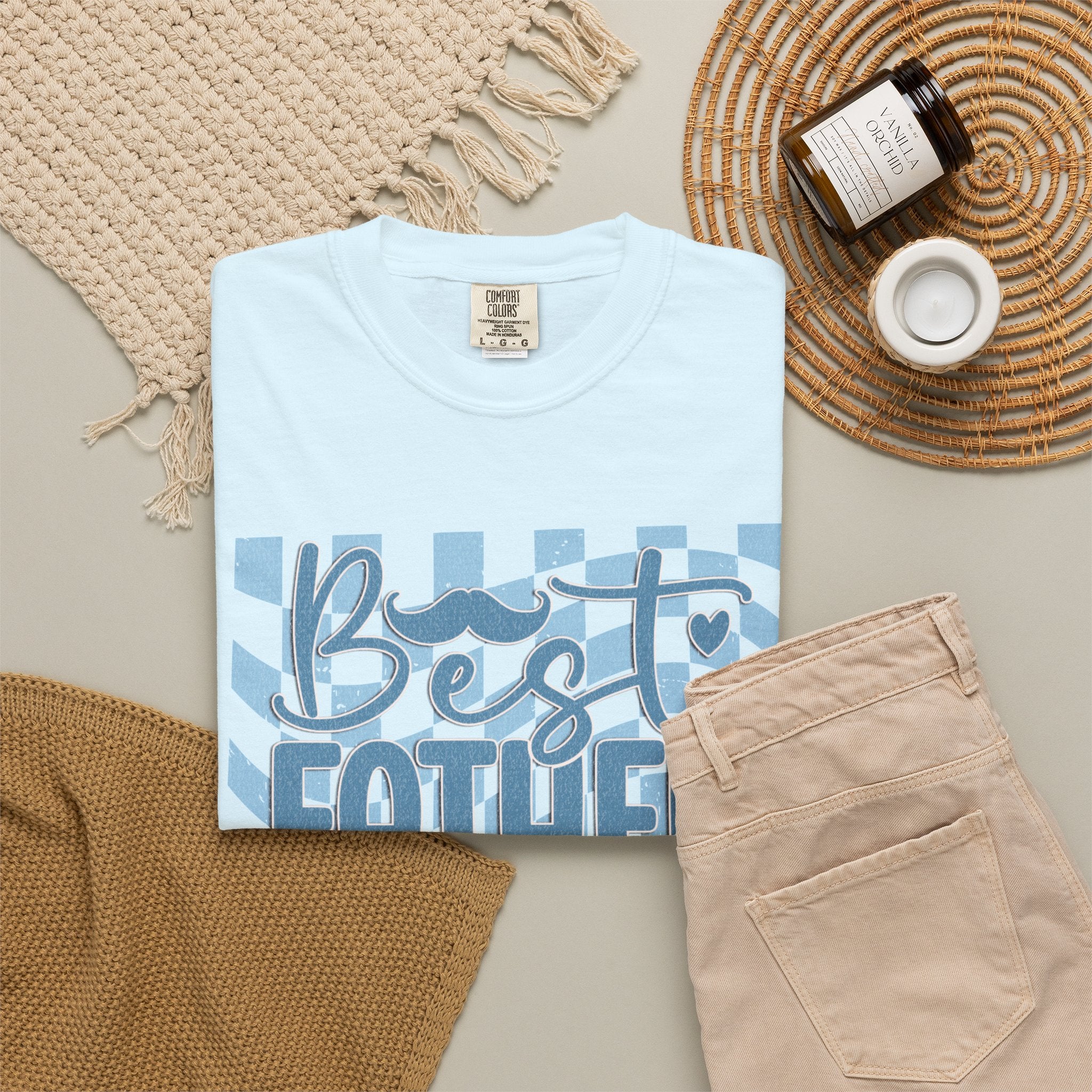 Textured Best Father Ever T-Shirt — Retro Blue Check Fathers Day Tee