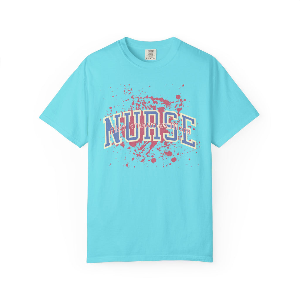 Nurse Also Known As Mom Textured T‑Shirt — Retro Collegiate Text with Paint Splatter