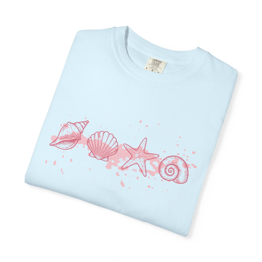 Textured Seashell Line Art T-Shirt — Pink Coastal Shells Graphic Tee