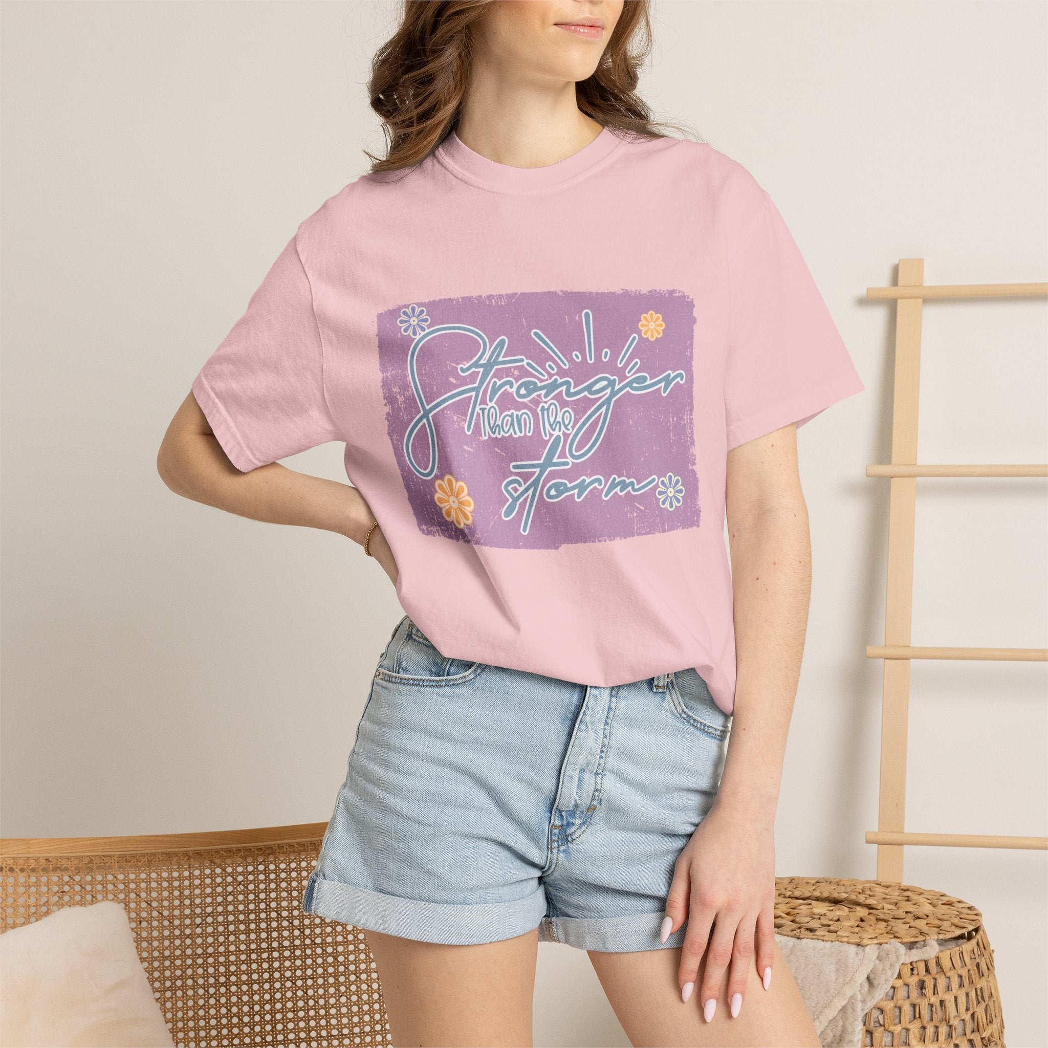 Stronger Than The Storm T-shirt |Textured Floral Script Graphic