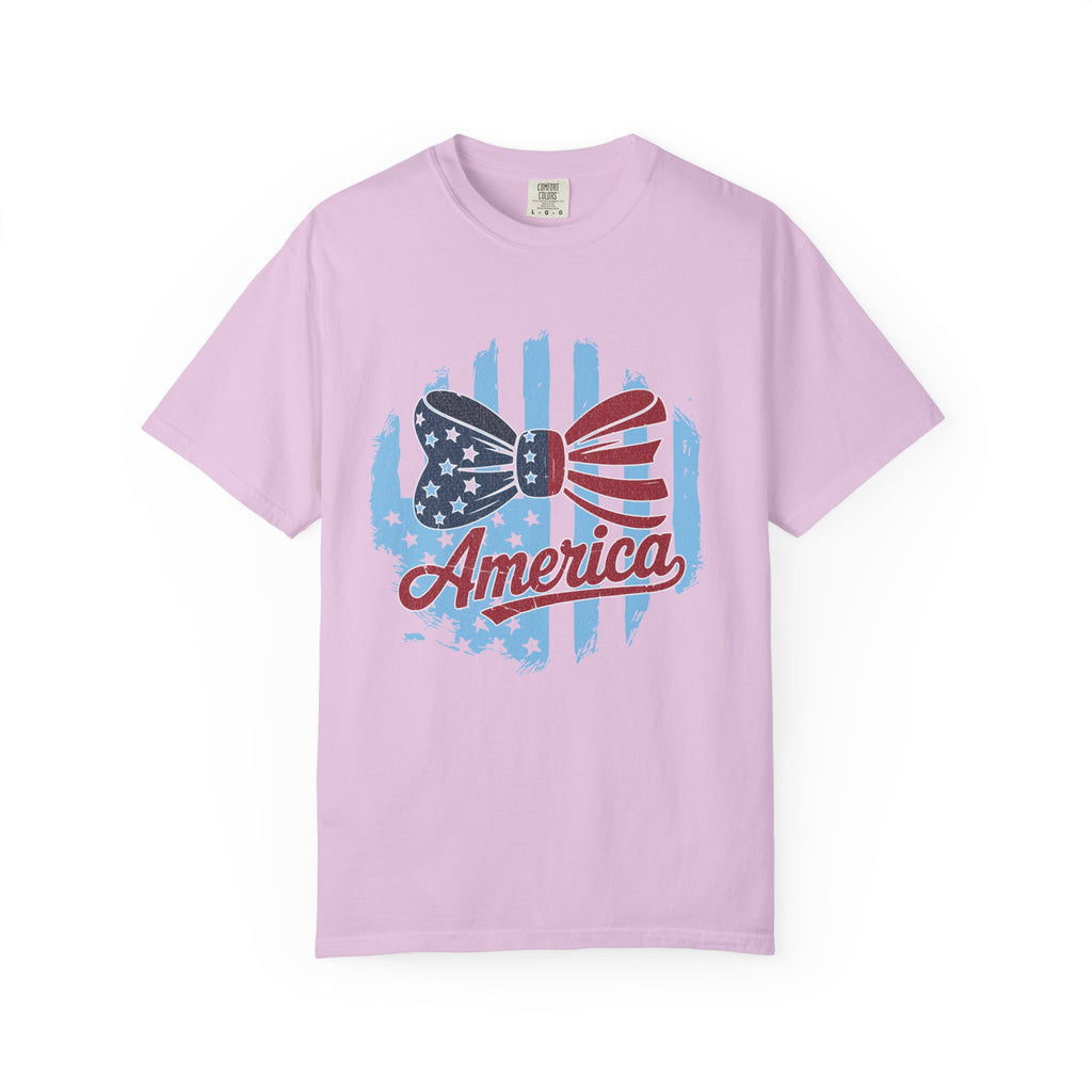 America Patriotic Bow Textured T-Shirt — USA Flag Graphic Tee for 4th of July