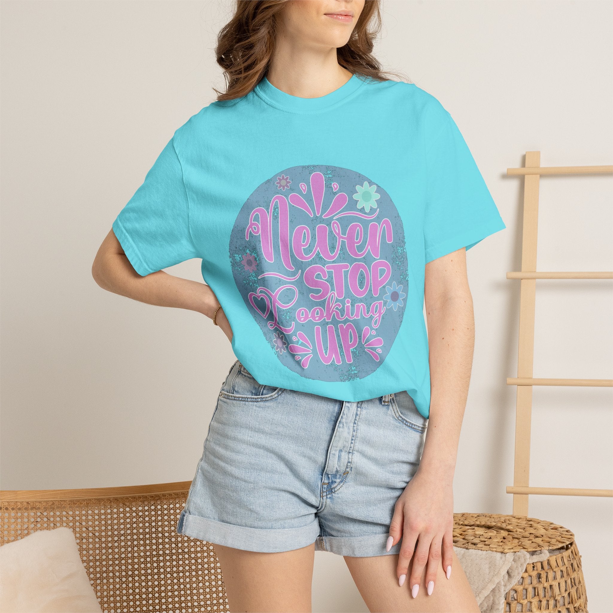 Textured T-Shirt — "Never Stop Looking Up" Inspirational Graphic Tee