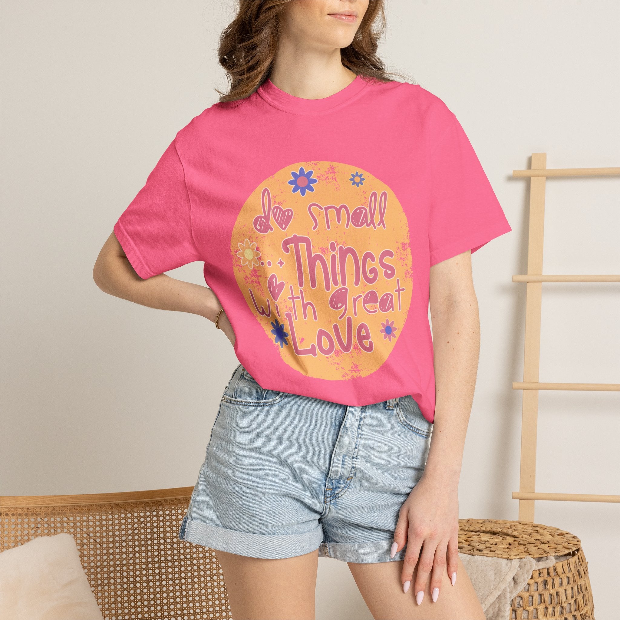 Textured Inspirational Tee — "Do Small Things With Great Love" Floral Graphic
