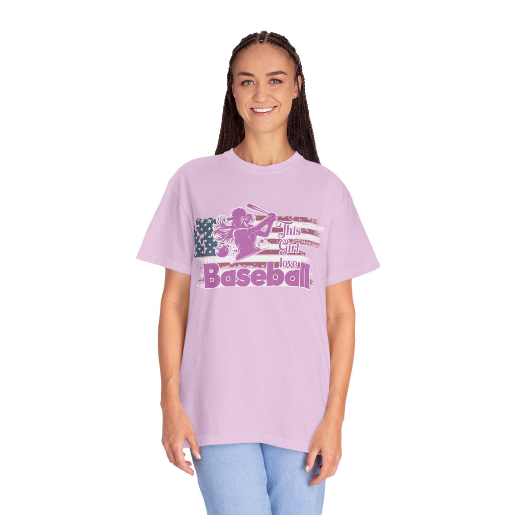 Textured Baseball Tee — "This Girl Loves Baseball" Patriotic Pink Softball T-Shirt