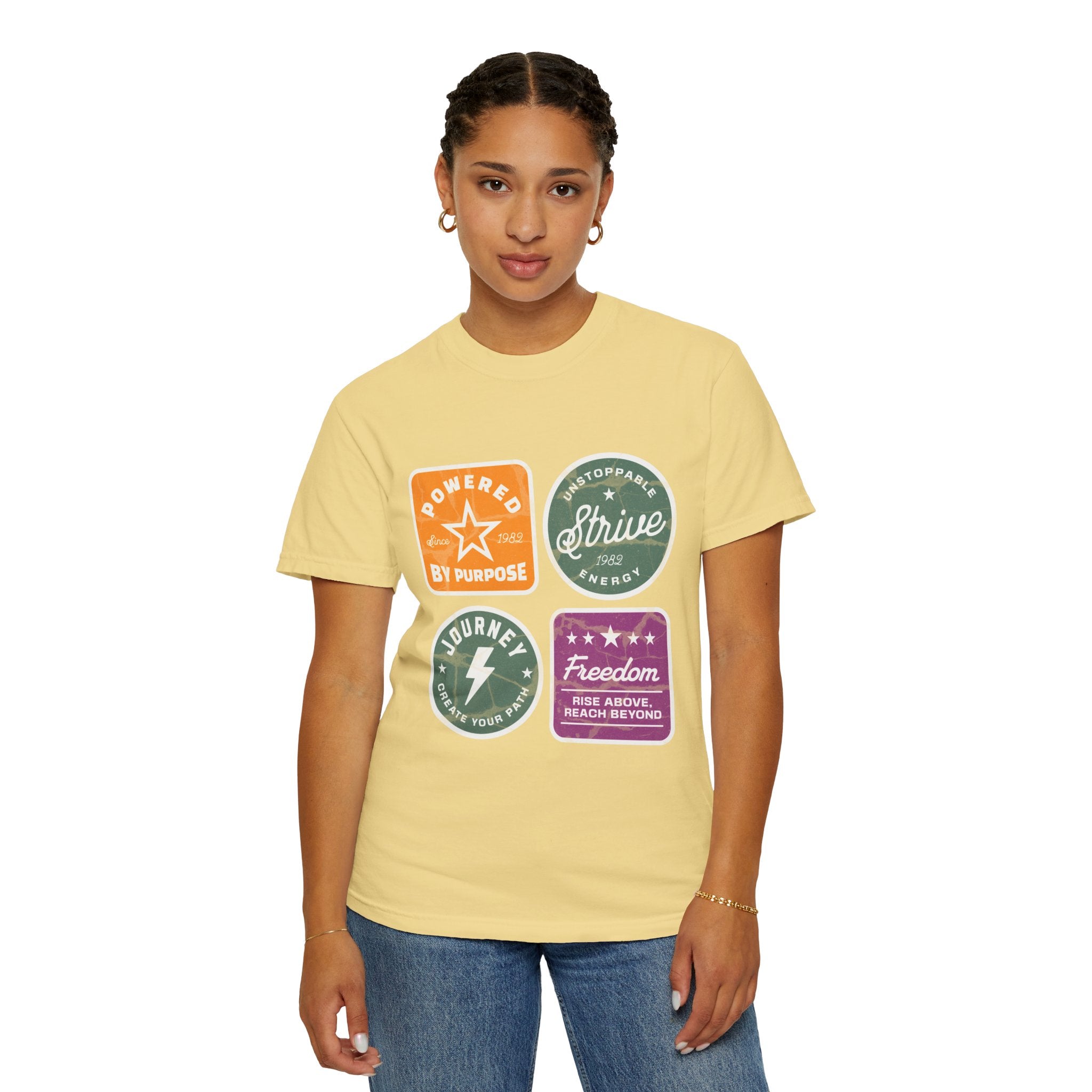 Motivational Badge T-Shirt — "Powered by Purpose / Strive / Journey / Freedom"