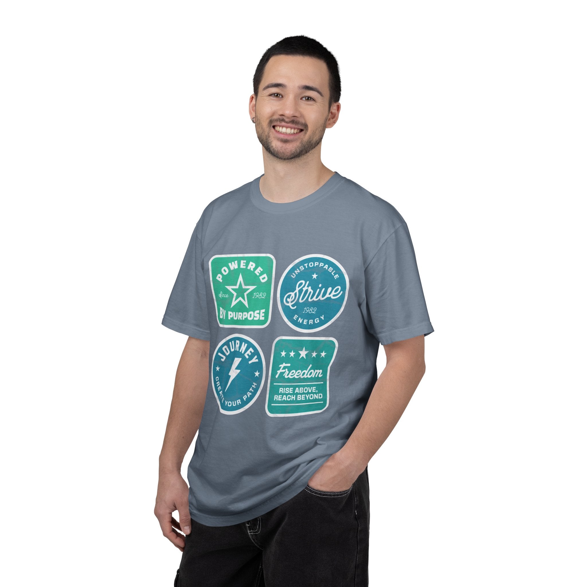 Motivational Badge Graphic Textured T-Shirt — "Powered by Purpose, Strive, Journey, Freedom"