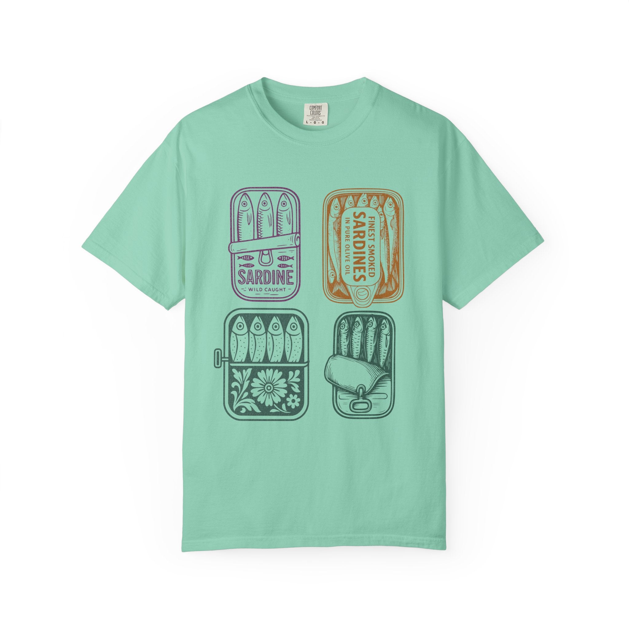 Sardine Tin Graphic Textured T-Shirt — Vintage Seafood Illustration Tee