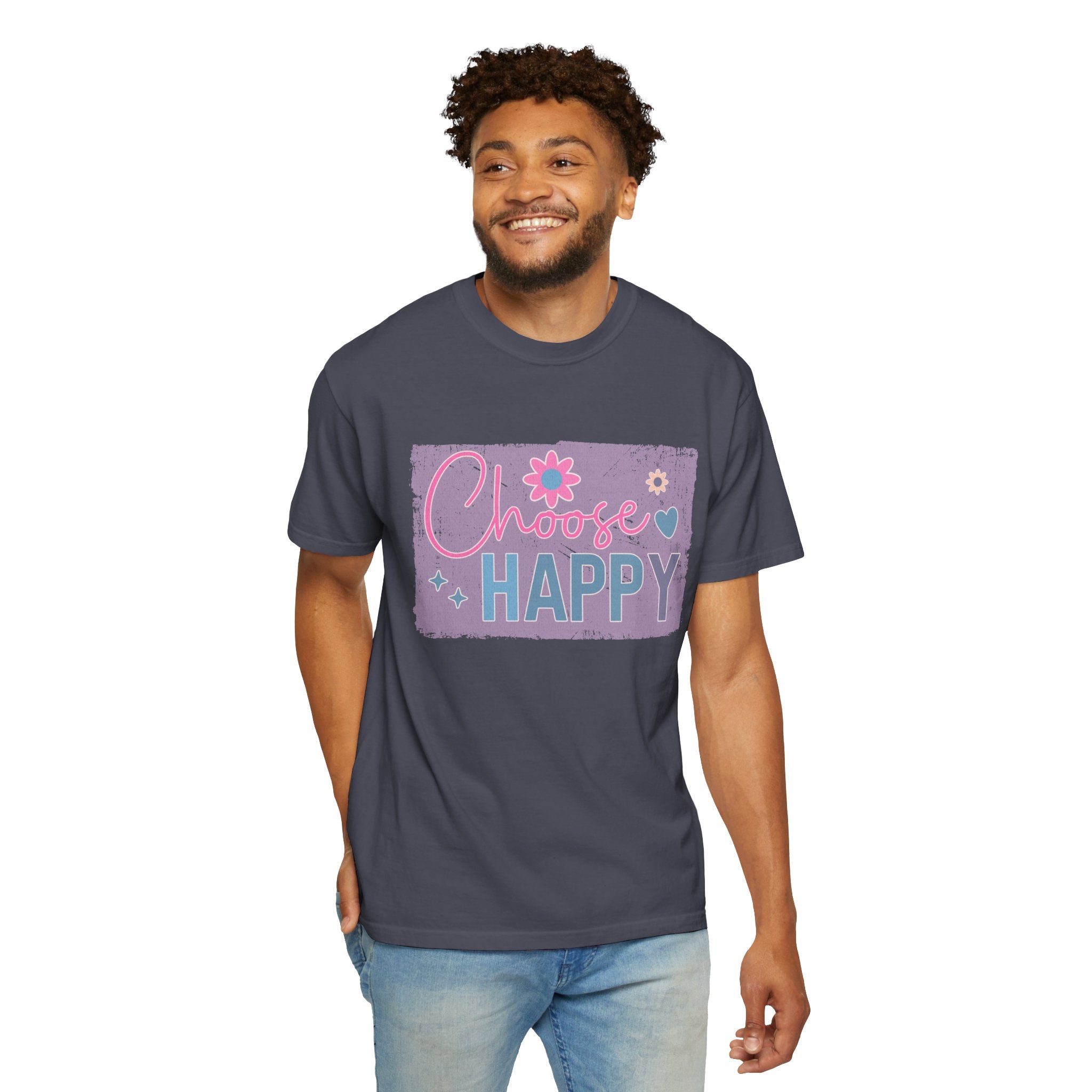 Choose Happy Textured T-Shirt — Retro Floral Positive Message Tee