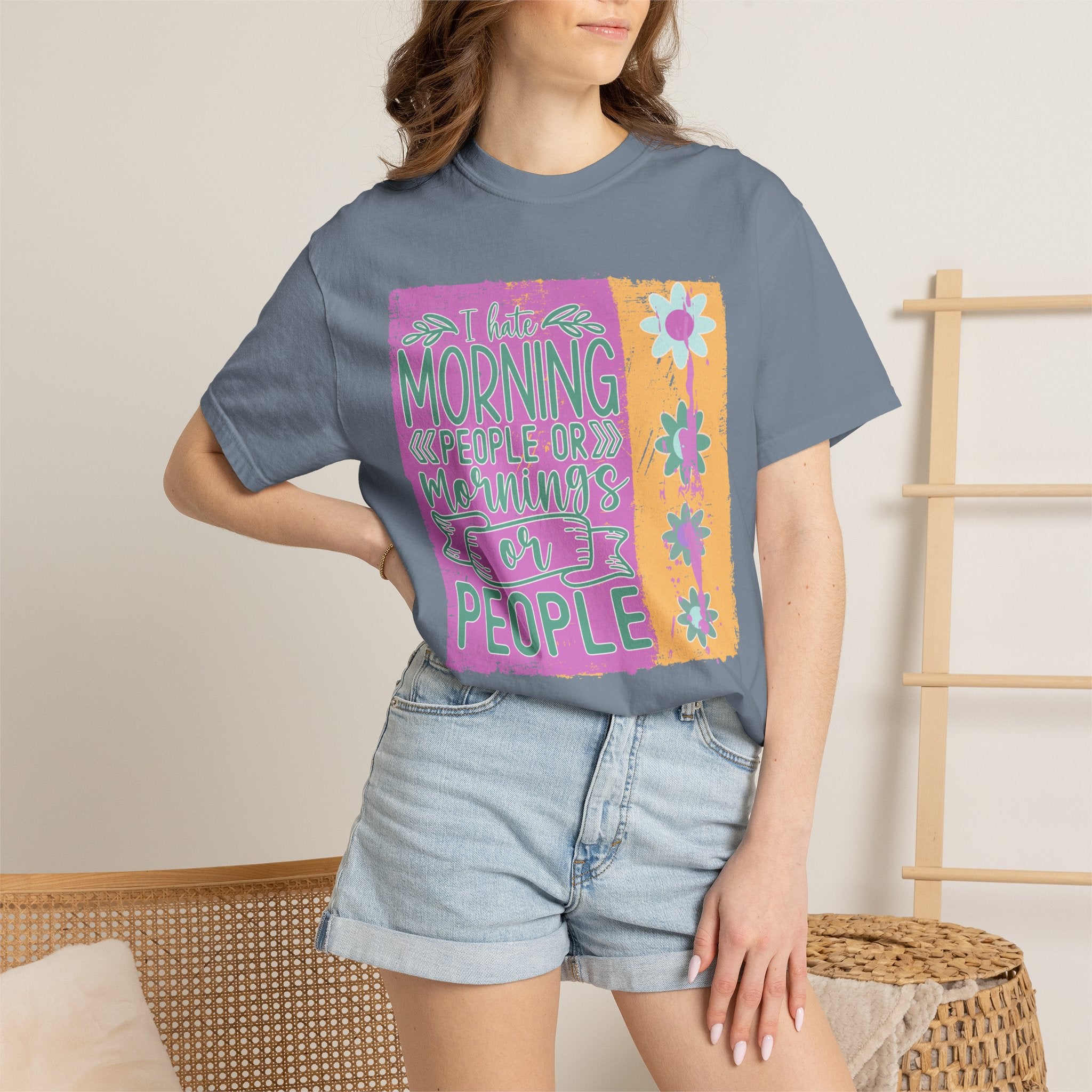 I Hate Morning People Textured  Shirt — Retro Flower Graphic Tee