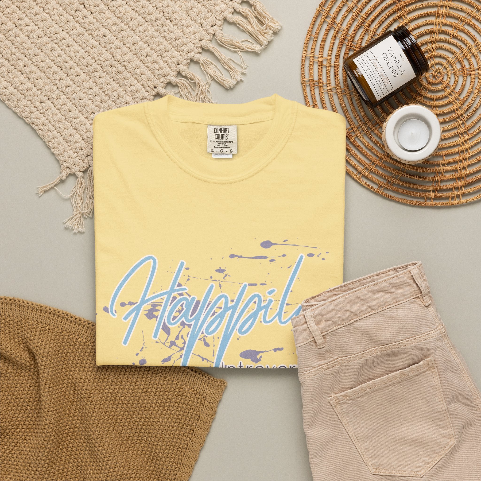 Introverted Aesthetic Textured Tee — "Happily" Script Graphic T-Shirt