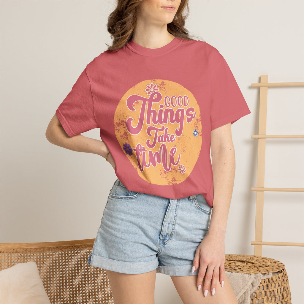 Good Things Take Time T-Shirt | Textured Retro Script Floral Graphic