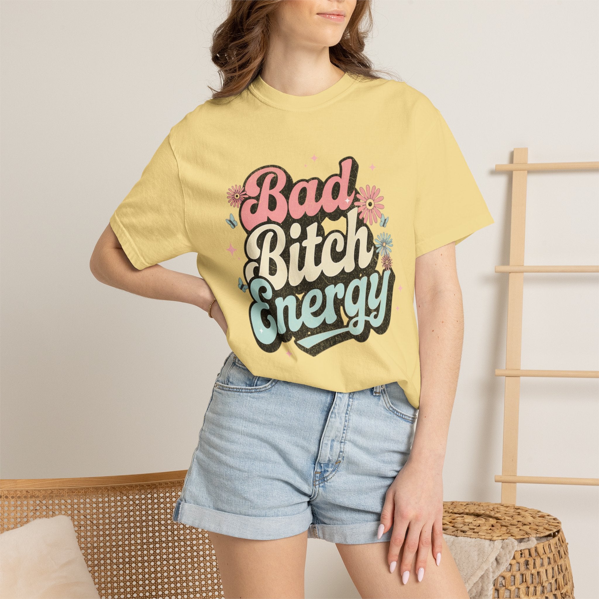 Textured Bad Bitch Energy T-shirt |Textured Retro Script Floral Graphic