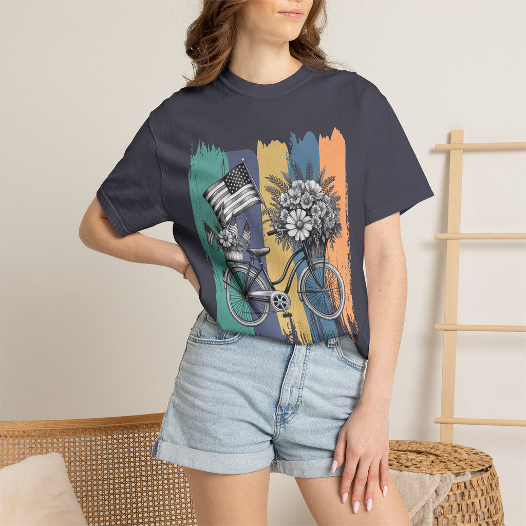 Textured Vintage Bicycle Bouquet T-Shirt — Americana Floral Bike Tee