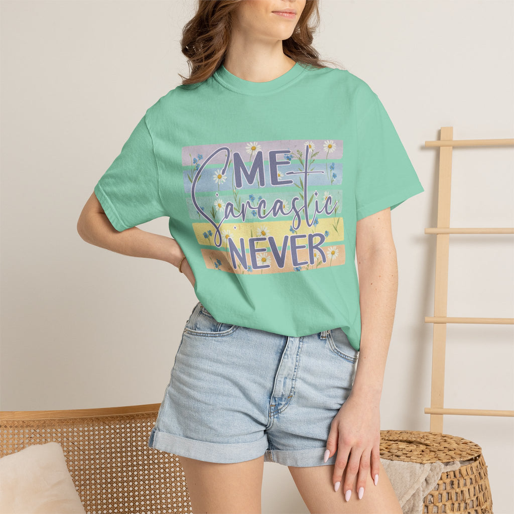 Textured Sarcastic Never T-Shirt — Pastel Striped "Me? Sarcastic? Never" Graphic Tee