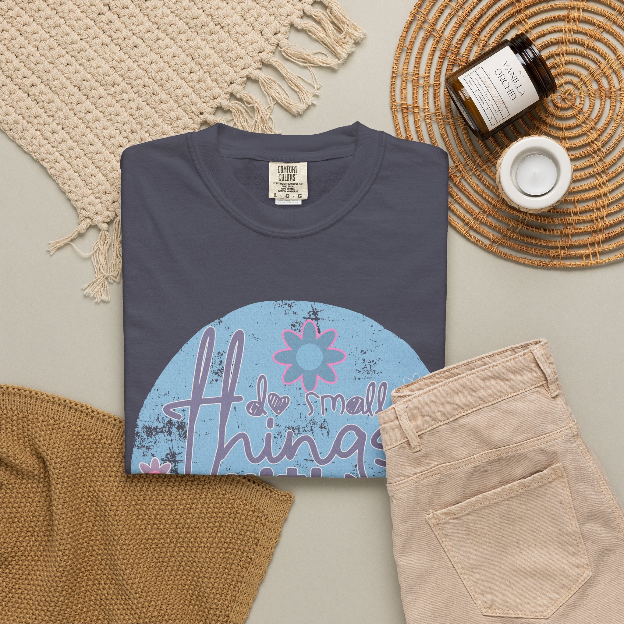 Textured Inspirational Graphic T-Shirt — "Do Small Things With Great Love" Floral Design