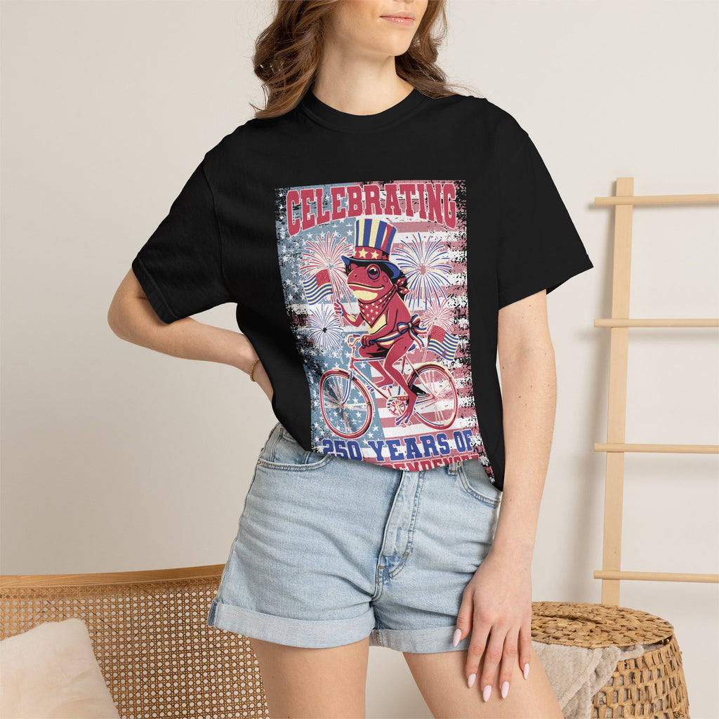 Textured Independence Day Dog on Bike T-Shirt — "Celebrating 250 Years of Independence" Patriotic Tee