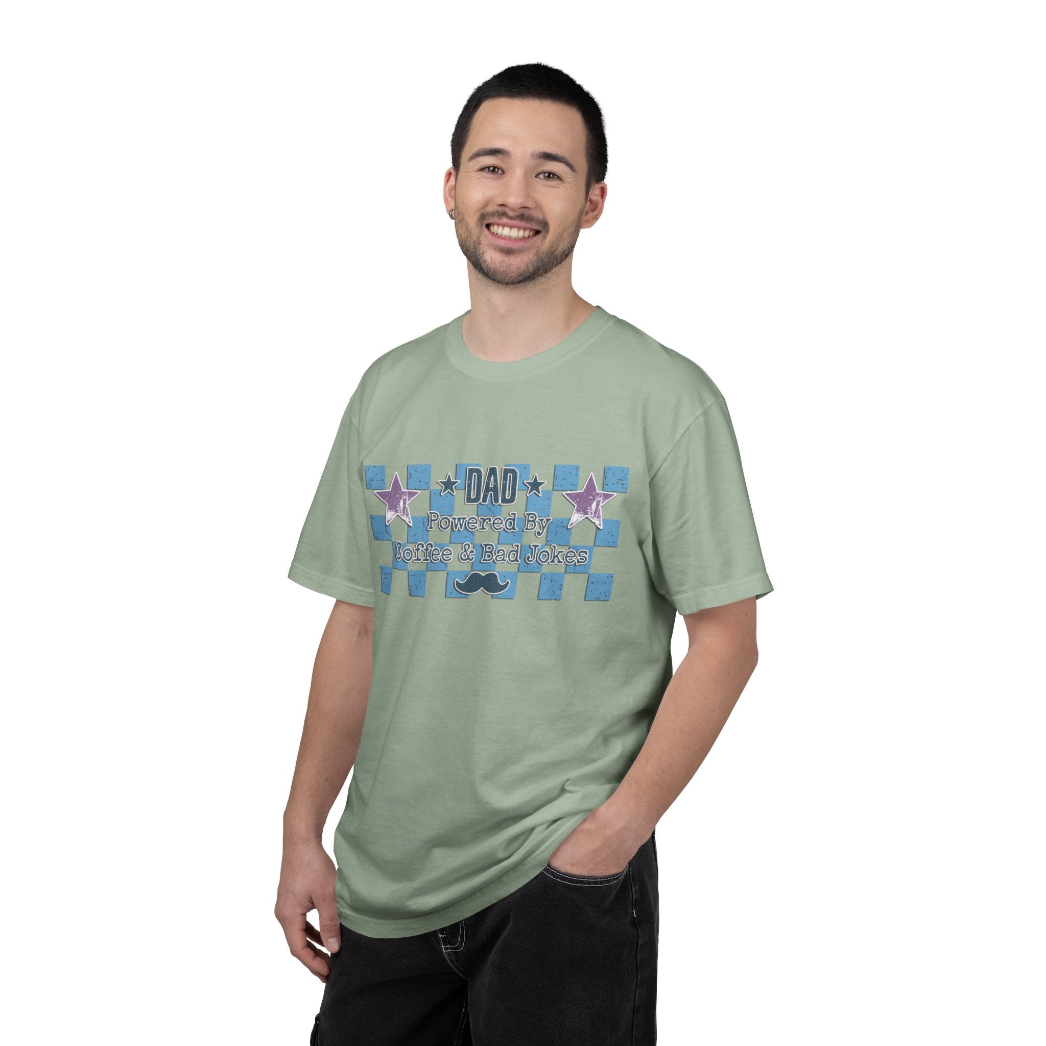 Textured Dad Powered By Coffee & Chaos T-Shirt — Retro Checkered Father's Day Tee