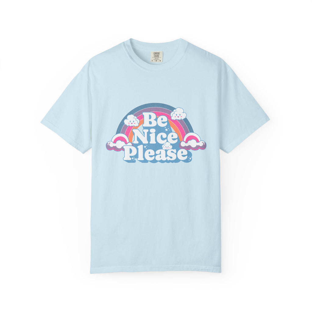 Be Nice Please Textured T-Shirt — Retro Rainbow Positive Message Tee