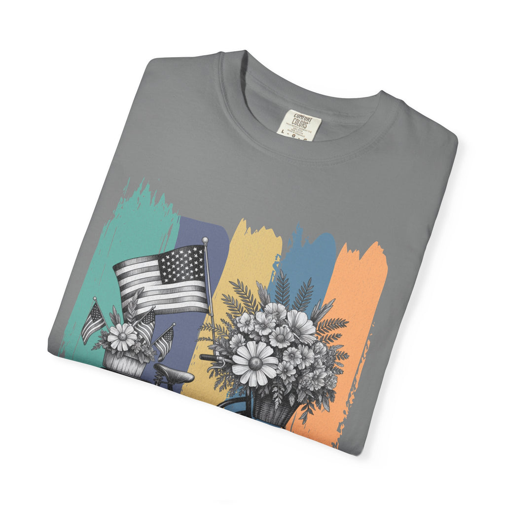 Textured Vintage Bicycle Bouquet T-Shirt — Americana Floral Bike Tee