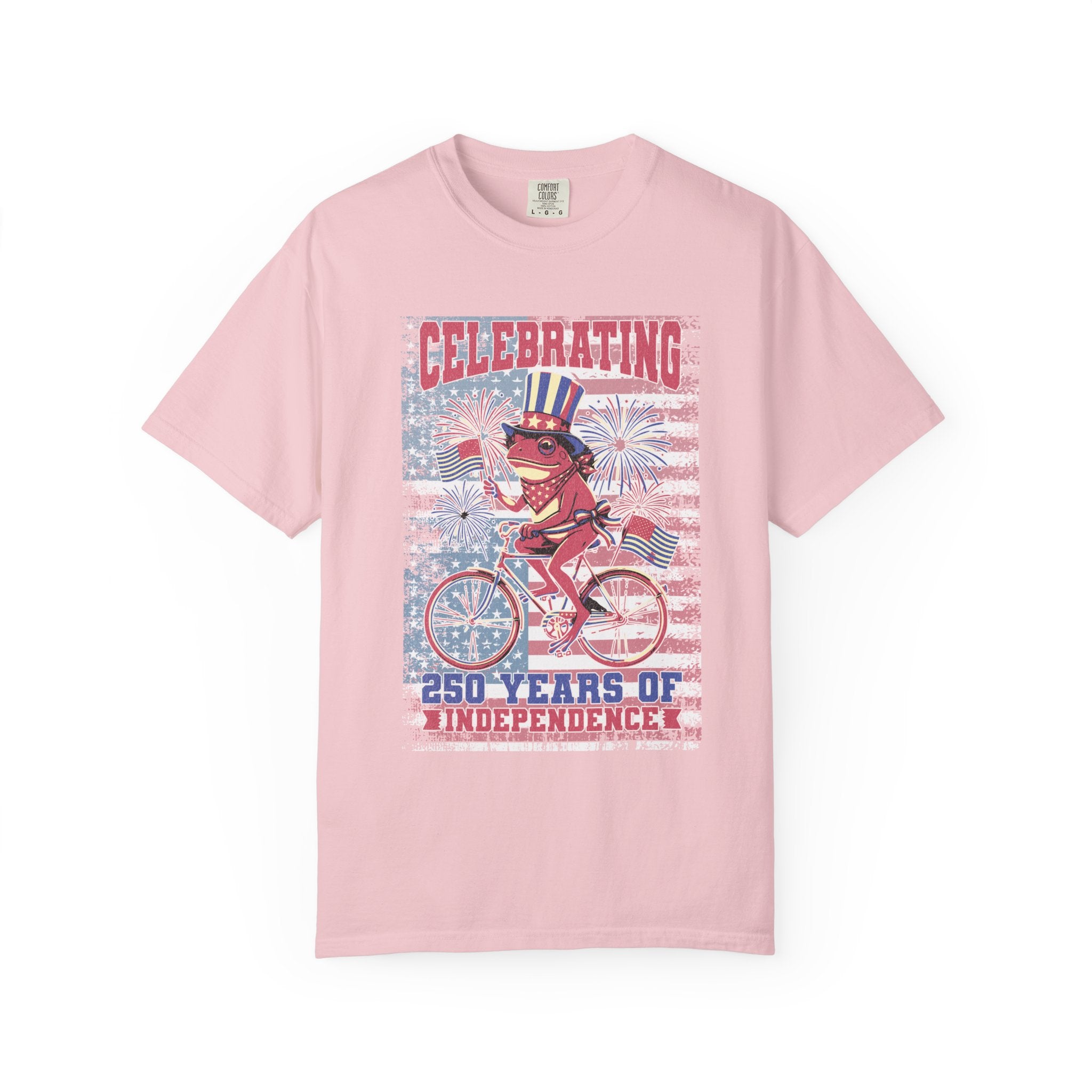 Textured Independence Day Dog on Bike T-Shirt — "Celebrating 250 Years of Independence" Patriotic Tee