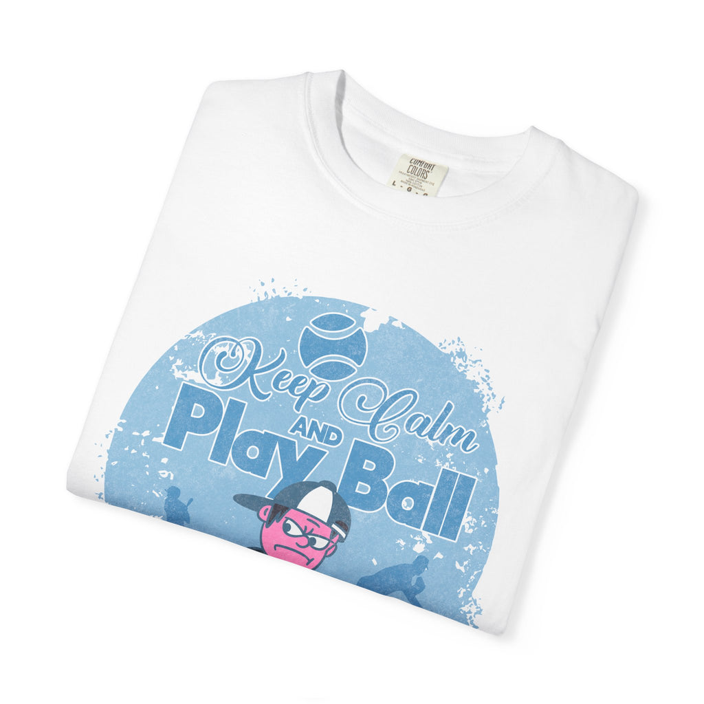 Textured Keep Calm and Play Ball Baseball T-Shirt — Cute Mascot Sports Tee for Kids & Fans
