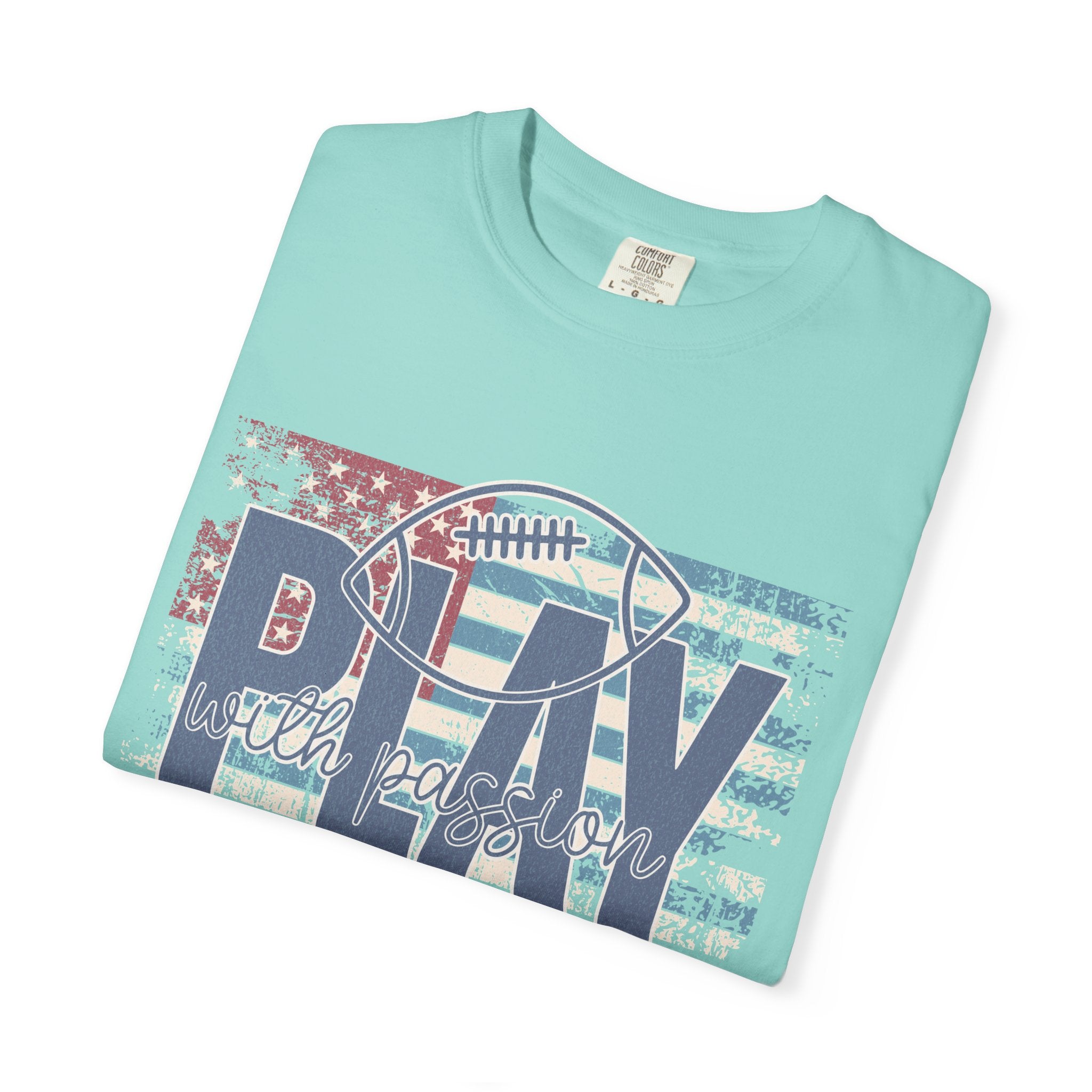 Play With Passion Football Textured Tee — Vintage American Flag Sports Tee