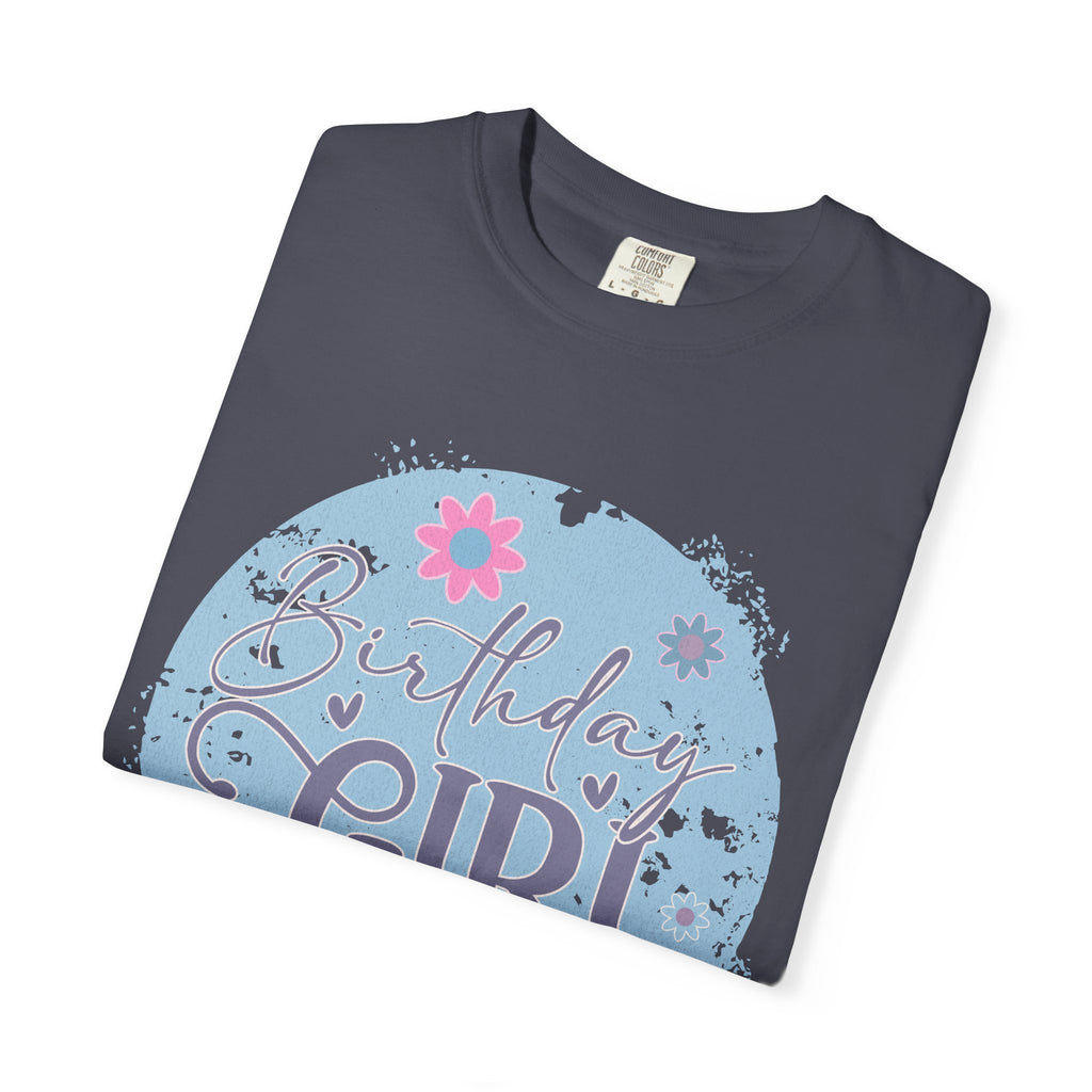 Birthday Girl Textured T-Shirt — Floral Blue Circle Graphic