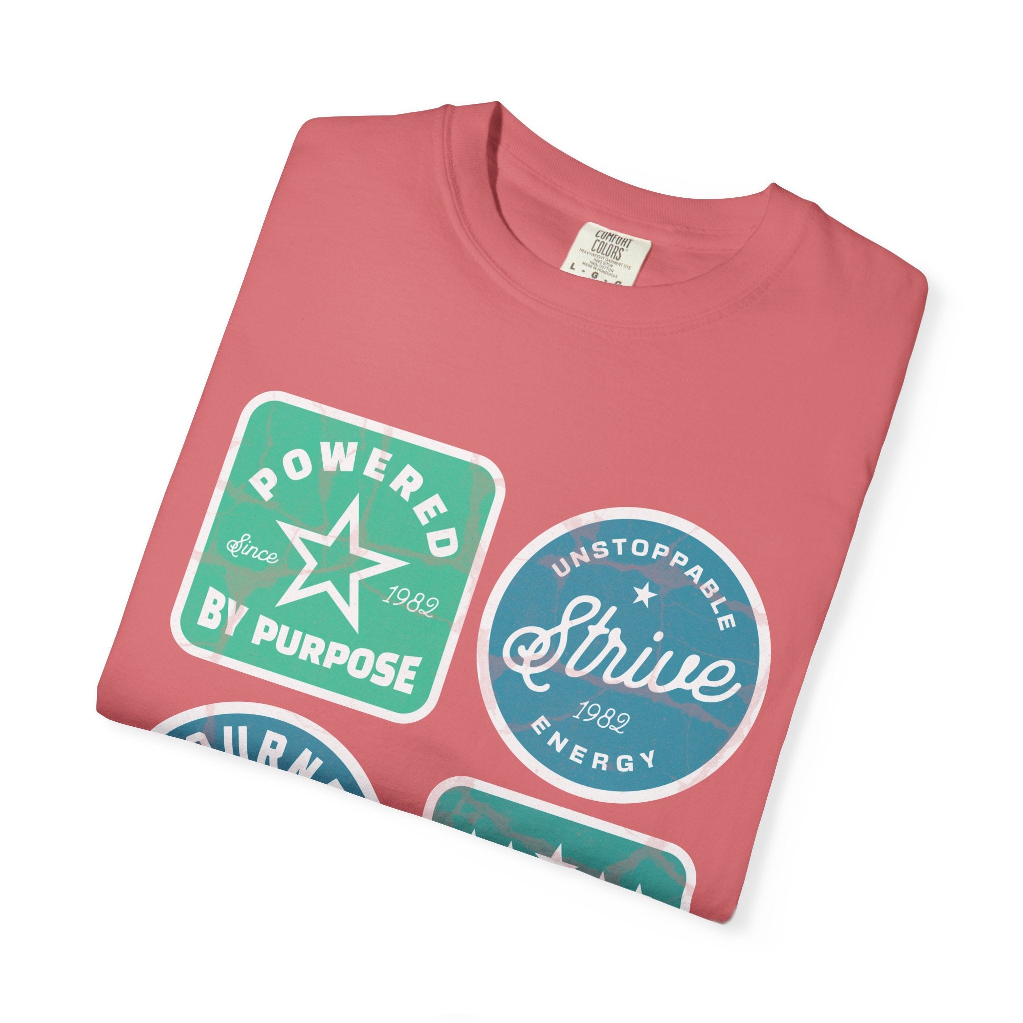 Motivational Badge Graphic Textured T-Shirt — "Powered by Purpose, Strive, Journey, Freedom"