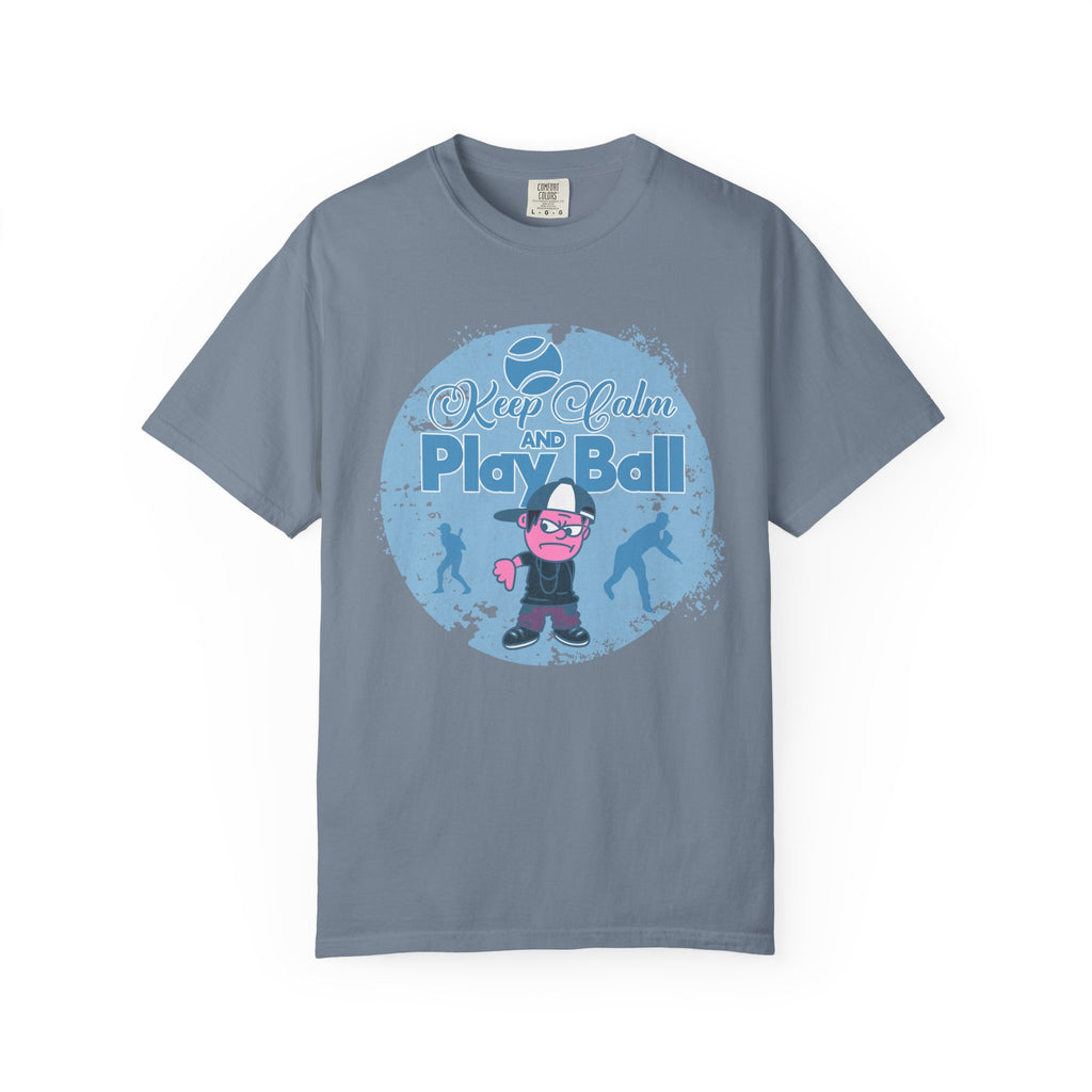 Textured Keep Calm and Play Ball Baseball T-Shirt — Cute Mascot Sports Tee for Kids & Fans