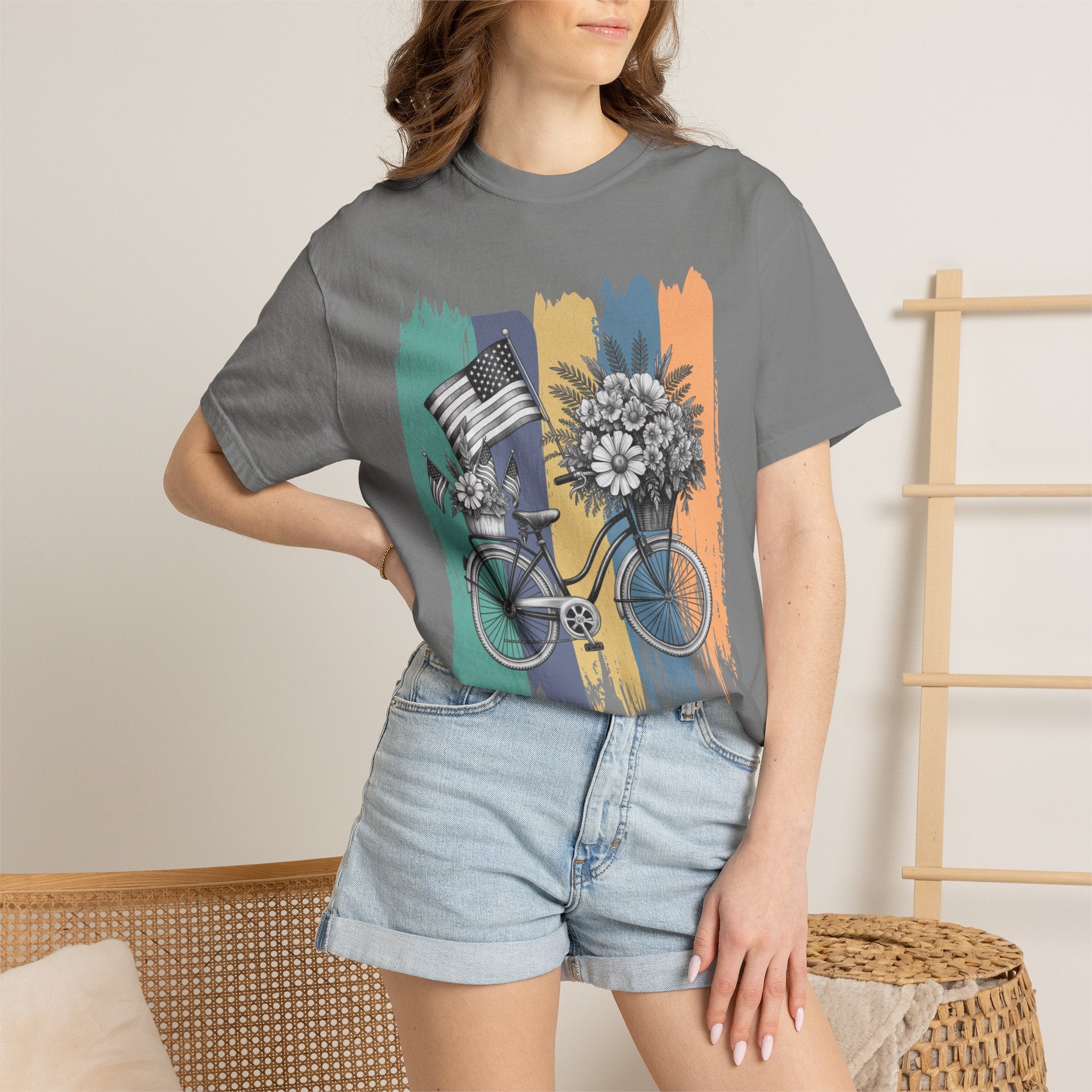 Textured Vintage Bicycle T-Shirt — Floral Basket & American Flag Graphic