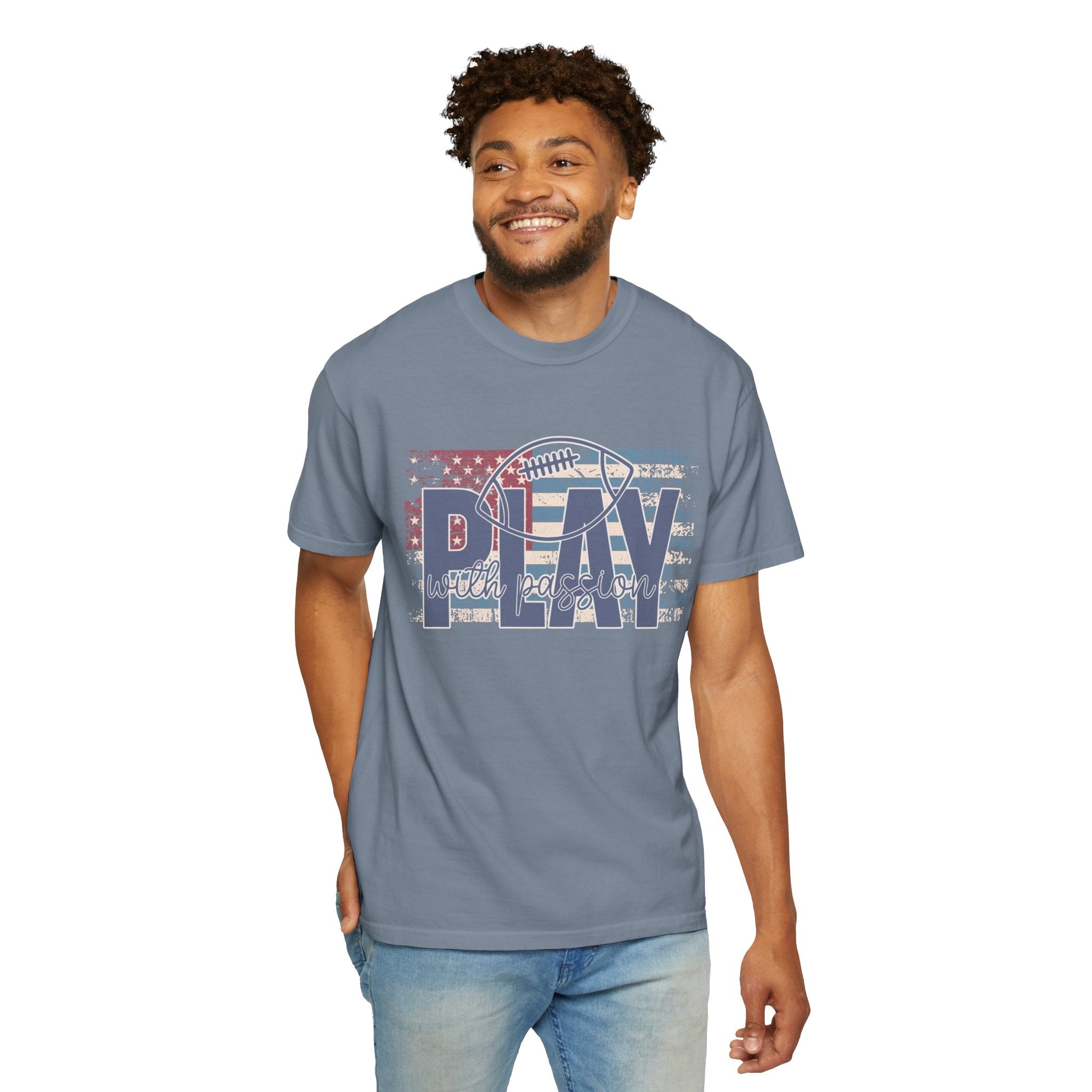 Play With Passion Football Textured Tee — Vintage American Flag Sports Tee